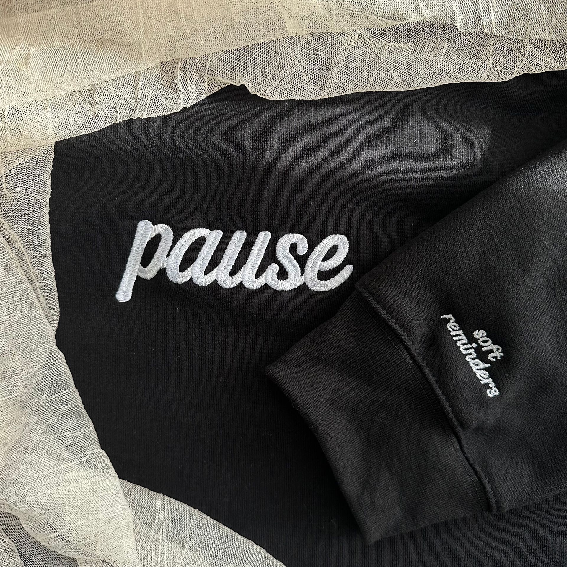 soft era sweatshirt, cozy aesthetic crewneck, quiet luxury sweater, embroidered minimal text, gentle season essentials