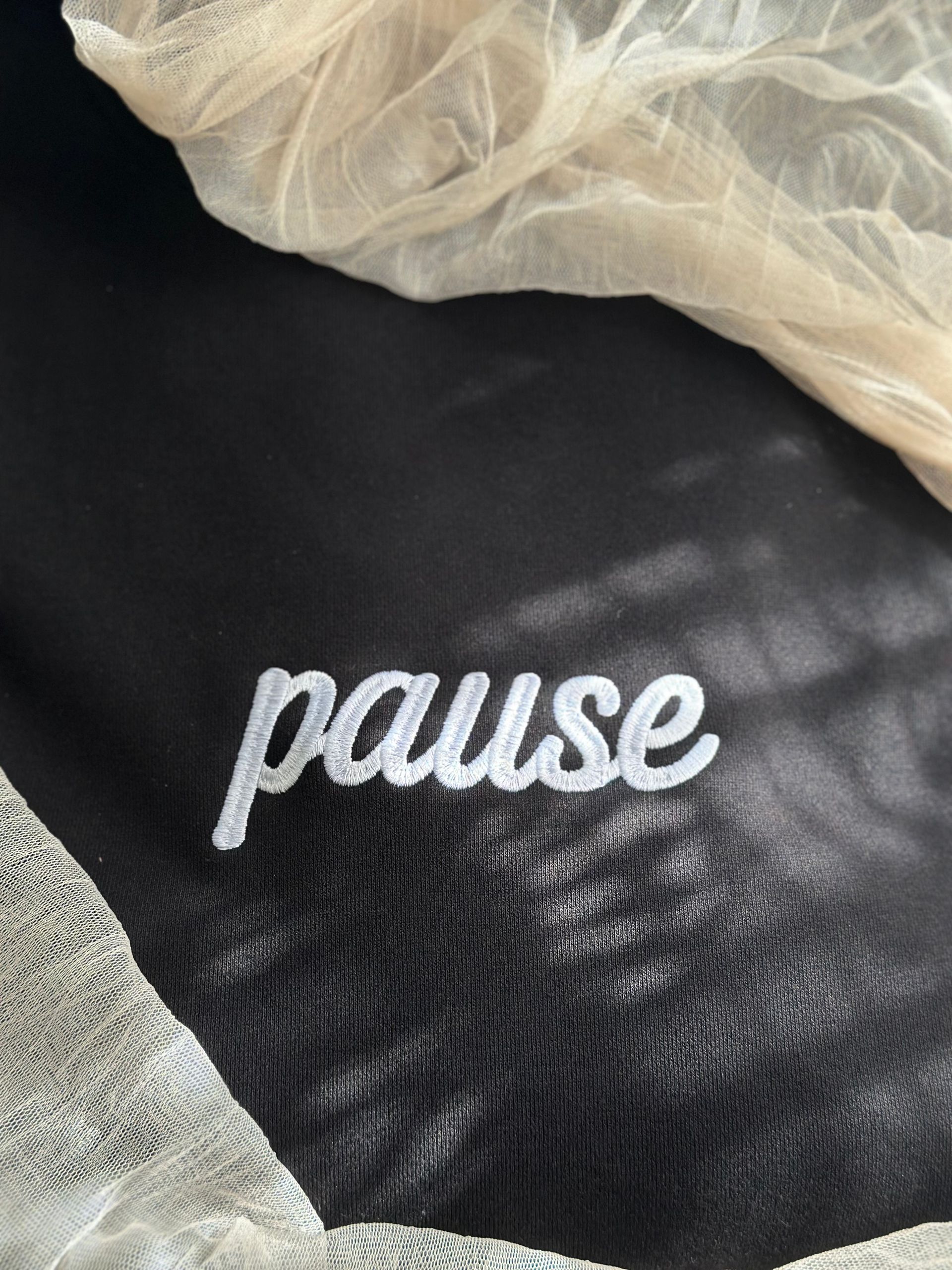 pause sweatshirt, embroidered crewneck, soft reminders sweater, mindfulness apparel, quiet luxury clothing, cozy neutral top