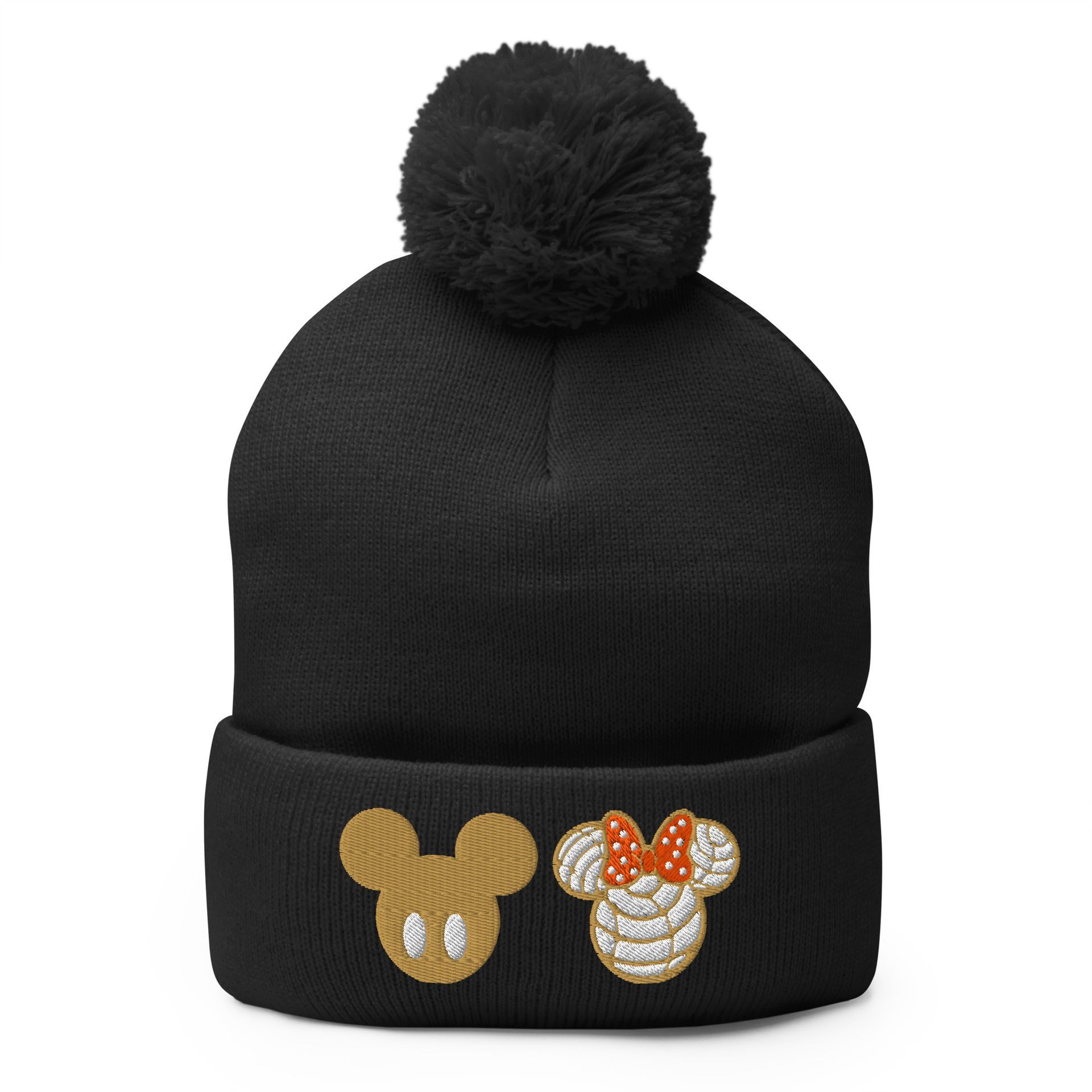 Disney-style concha pom beanie – cozy embroidered winter hat for park lovers, churro crew, sweet squad, and Latinx foodies