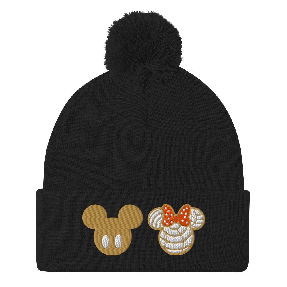 Disney-style concha pom beanie – cozy embroidered winter hat for park lovers, churro crew, sweet squad, and Latinx foodies