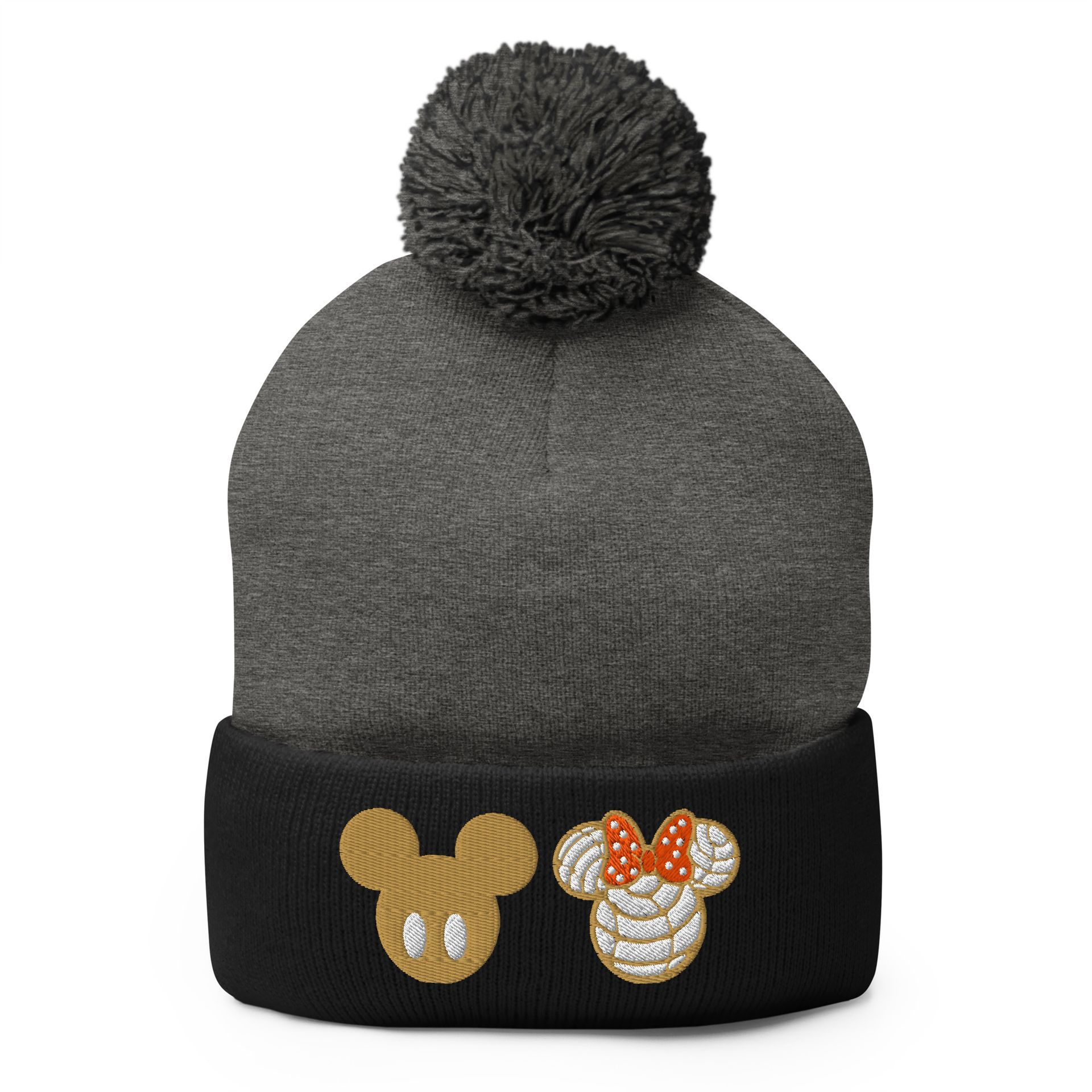Disney-style concha pom beanie – cozy embroidered winter hat for park lovers, churro crew, sweet squad, and Latinx foodies