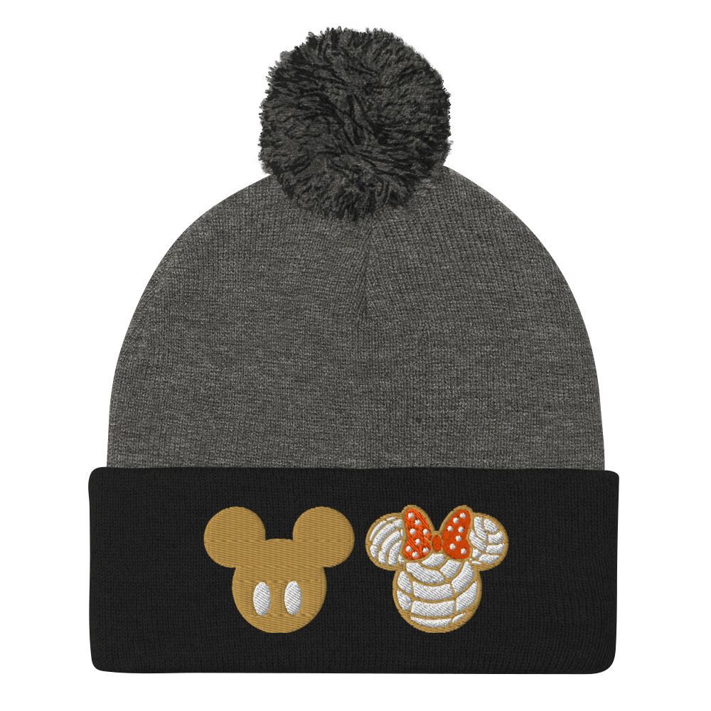 Disney-style concha pom beanie – cozy embroidered winter hat for park lovers, churro crew, sweet squad, and Latinx foodies