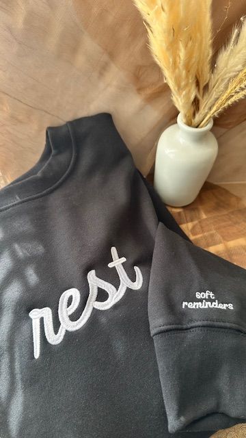 rest embroidered crewneck, minimal cozy sweatshirt, quiet luxury neutral, soft reminders design, trending cozy fit edit