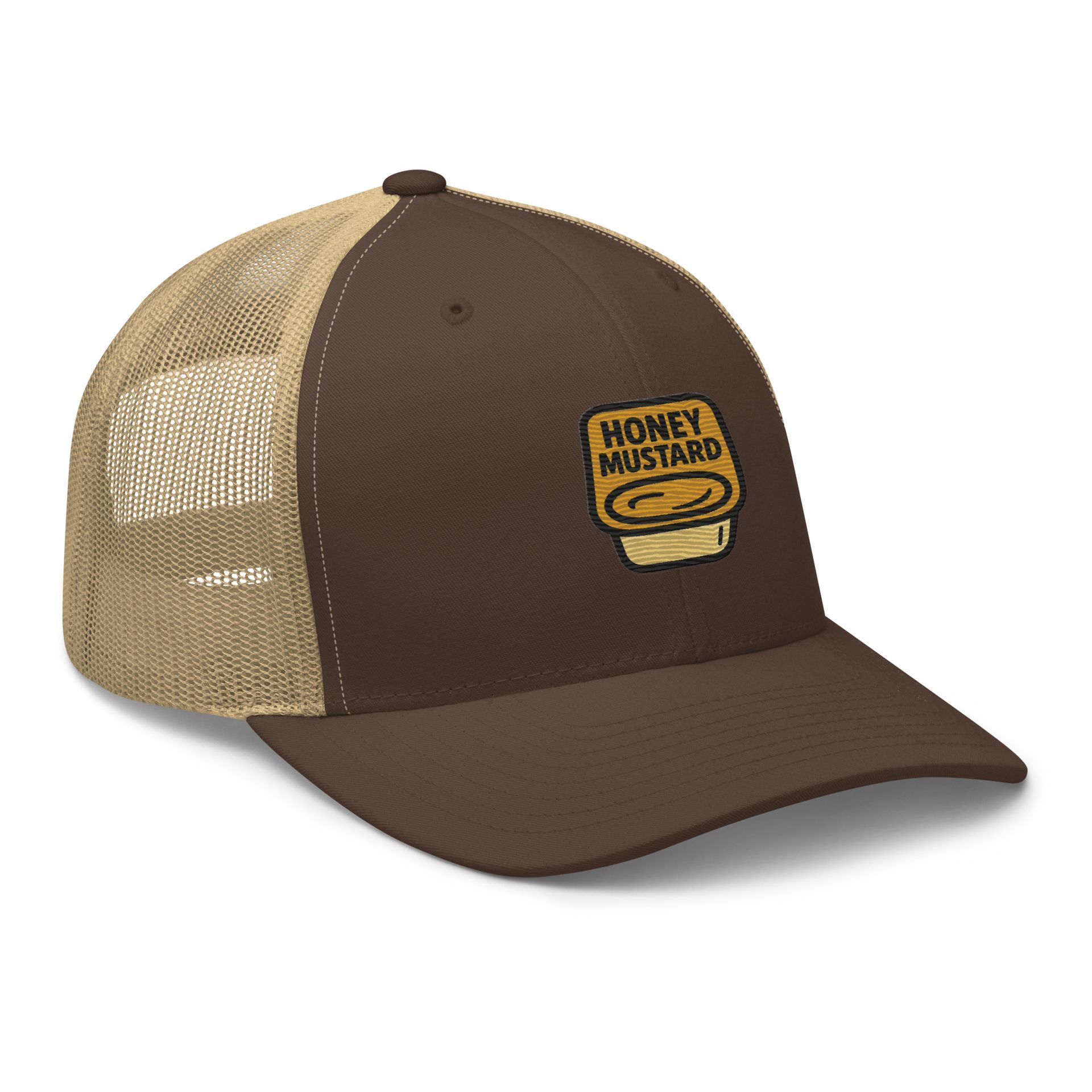 honey mustard hat, foodie trucker hat, embroidered sauce cap, golden mustard, fun foodie merch, streetwear trucker
