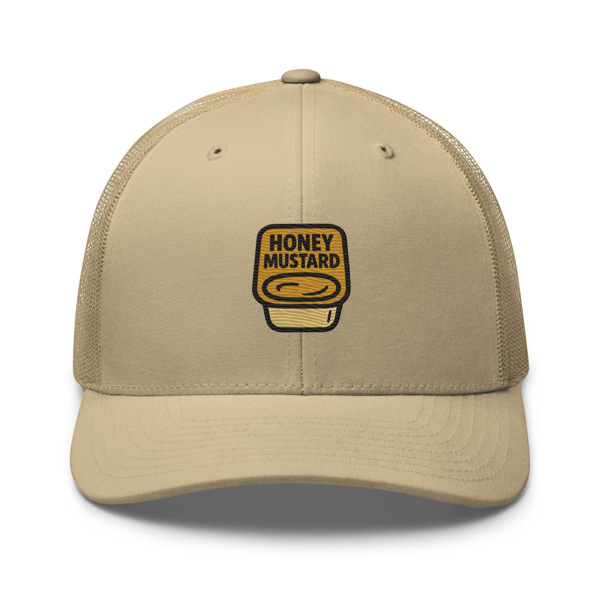 honey mustard hat, foodie trucker hat, embroidered sauce cap, golden mustard, fun foodie merch, streetwear trucker