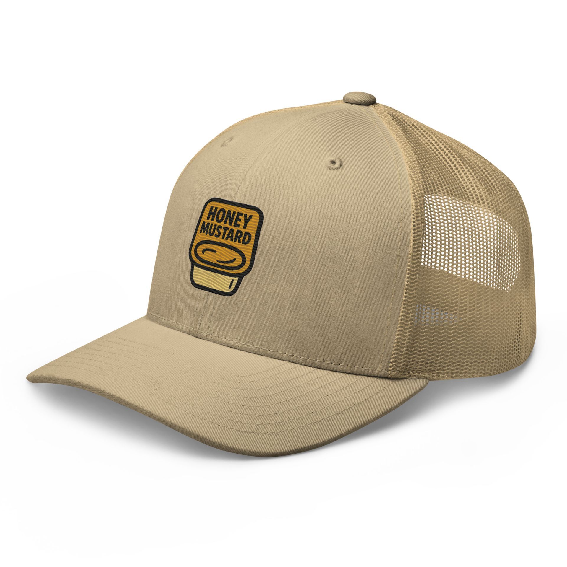honey mustard hat, foodie trucker hat, embroidered sauce cap, golden mustard, fun foodie merch, streetwear trucker