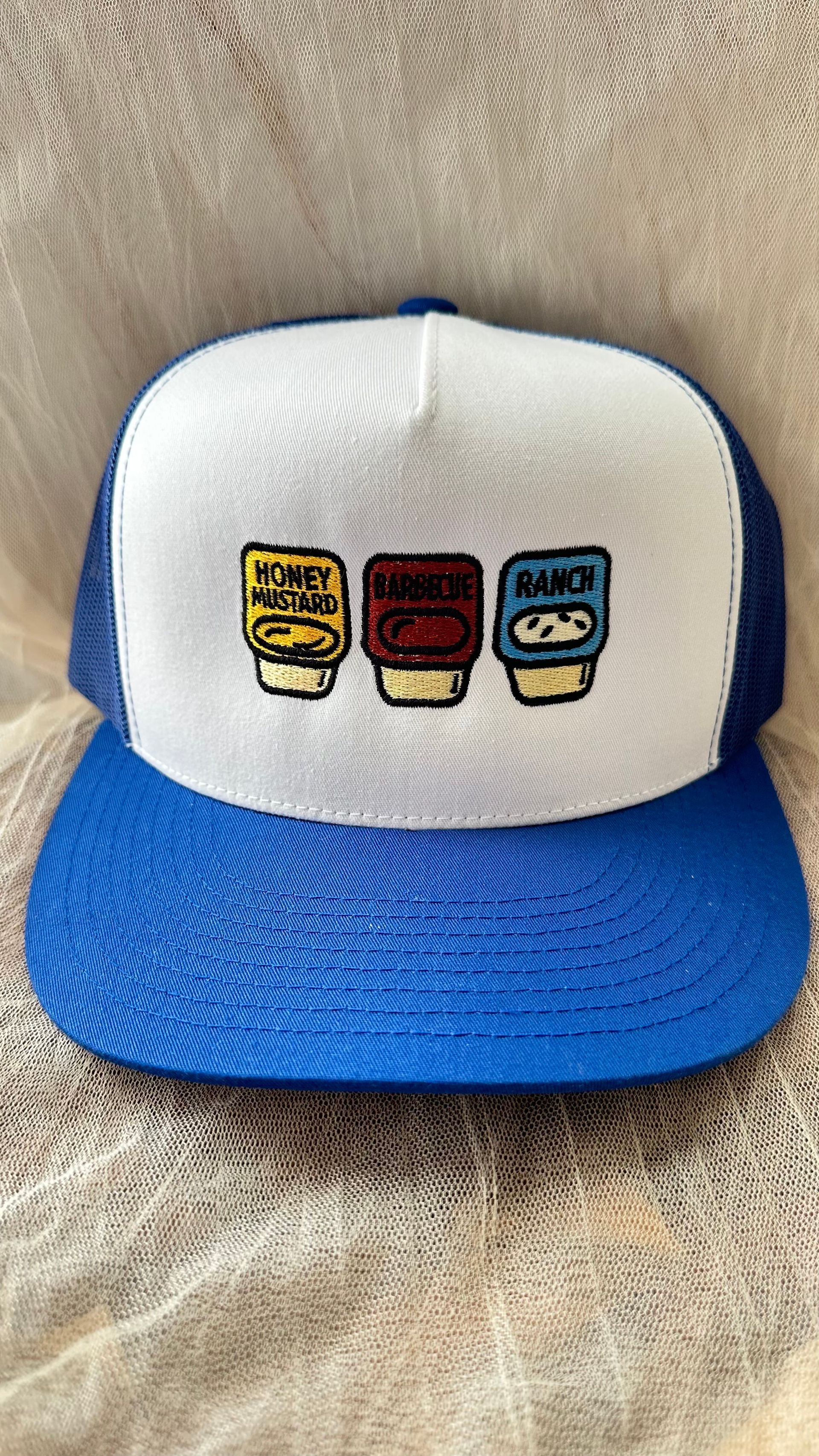 foodie trucker hat, sauce trio cap, embroidered sauce, honey mustard barbecue ranch hat, fun food, sauce lover merch