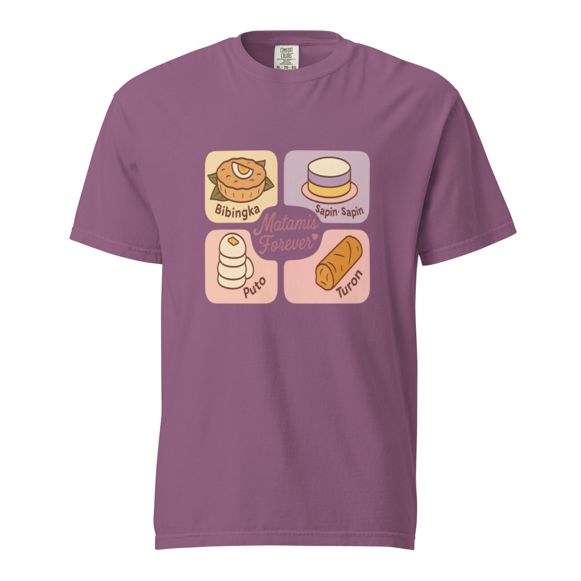 Filipino dessert tee with Bibingka, Puto, and Turon design, pastel kakanin shirt for merienda lovers and food merch fans