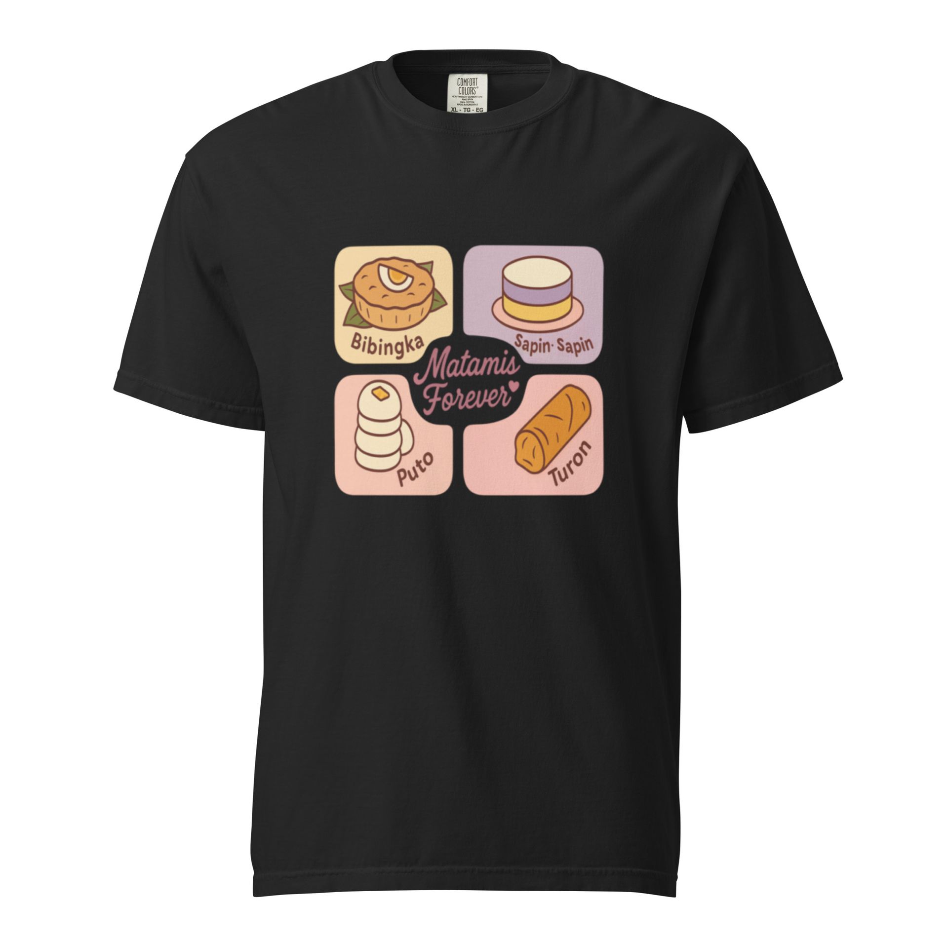 Filipino dessert tee with Bibingka, Puto, and Turon design, pastel kakanin shirt for merienda lovers and food merch fans