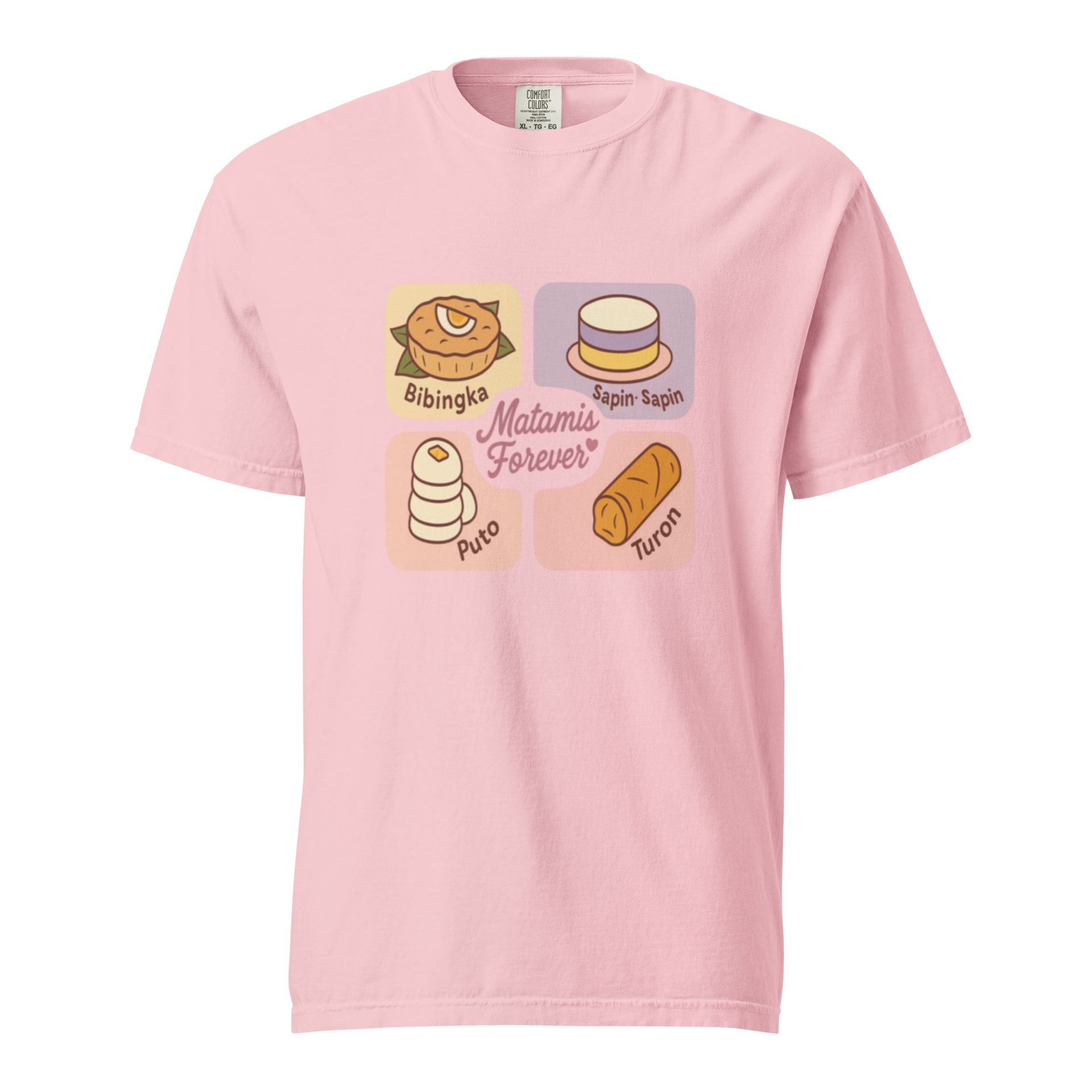 Filipino dessert tee with Bibingka, Puto, and Turon design, pastel kakanin shirt for merienda lovers and food merch fans