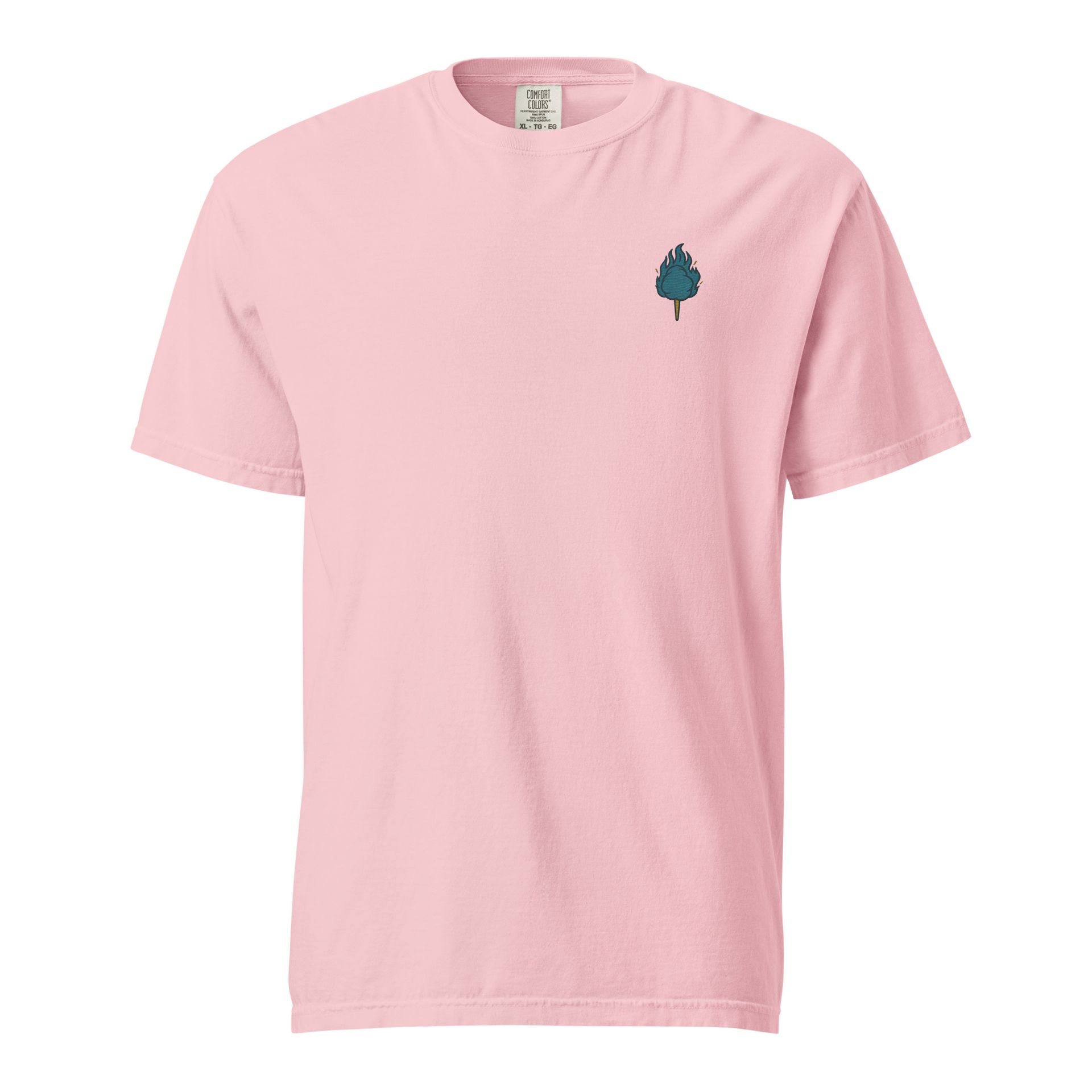 Hot-Headed Snacks tee with blue flame embroidery and Greek coin graphic