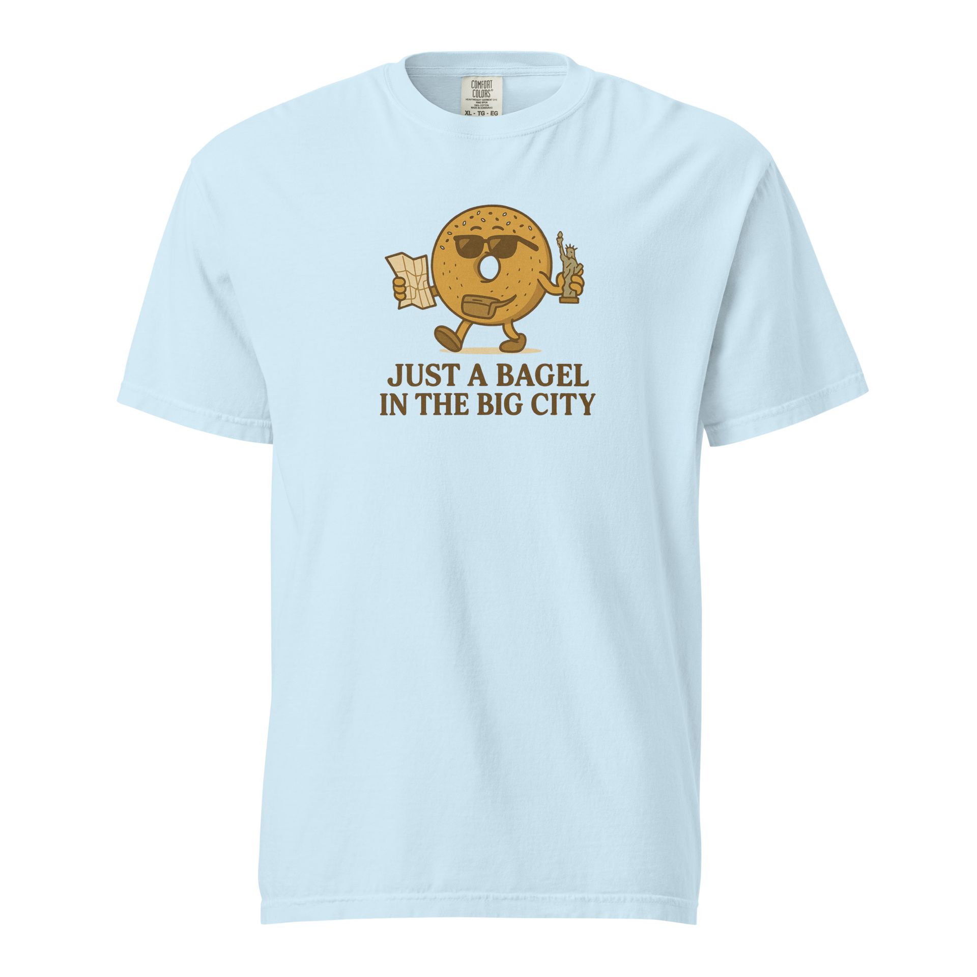 NYC bagel foodie tee, cozy brunch graphic shirt with pastel breakfast vibes, funny gift for pizza and bagel lovers