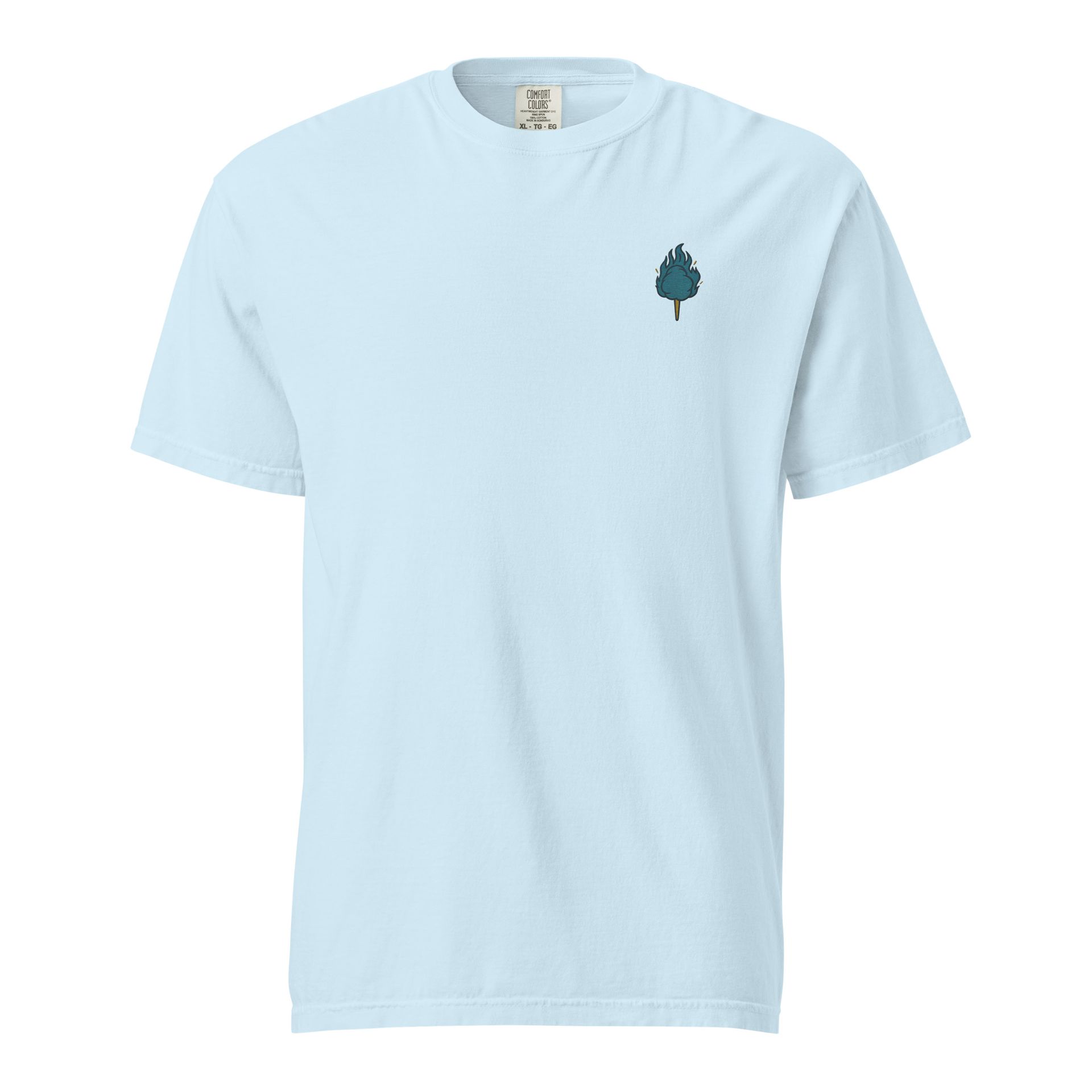 Hot-Headed Snacks tee with blue flame embroidery and Greek coin graphic