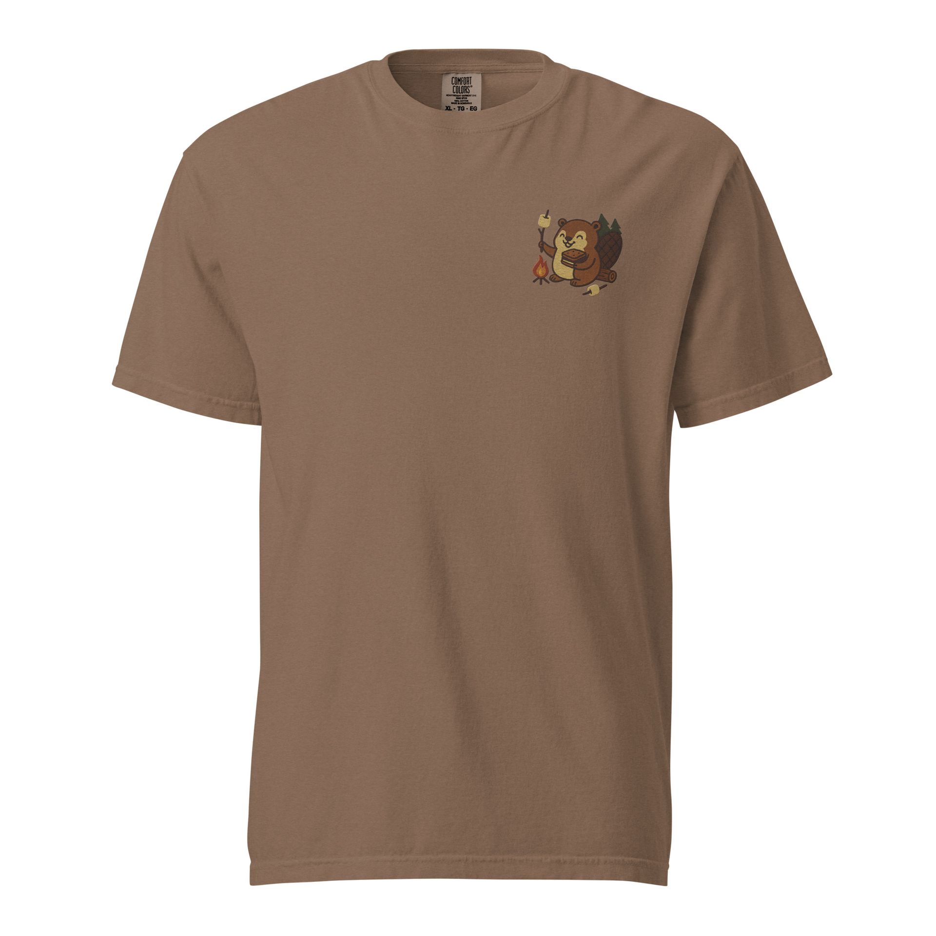 Beaver campfire embroidered t-shirt, ivory tee, pine tree and moon forest design, cozy outdoors camping adventure style