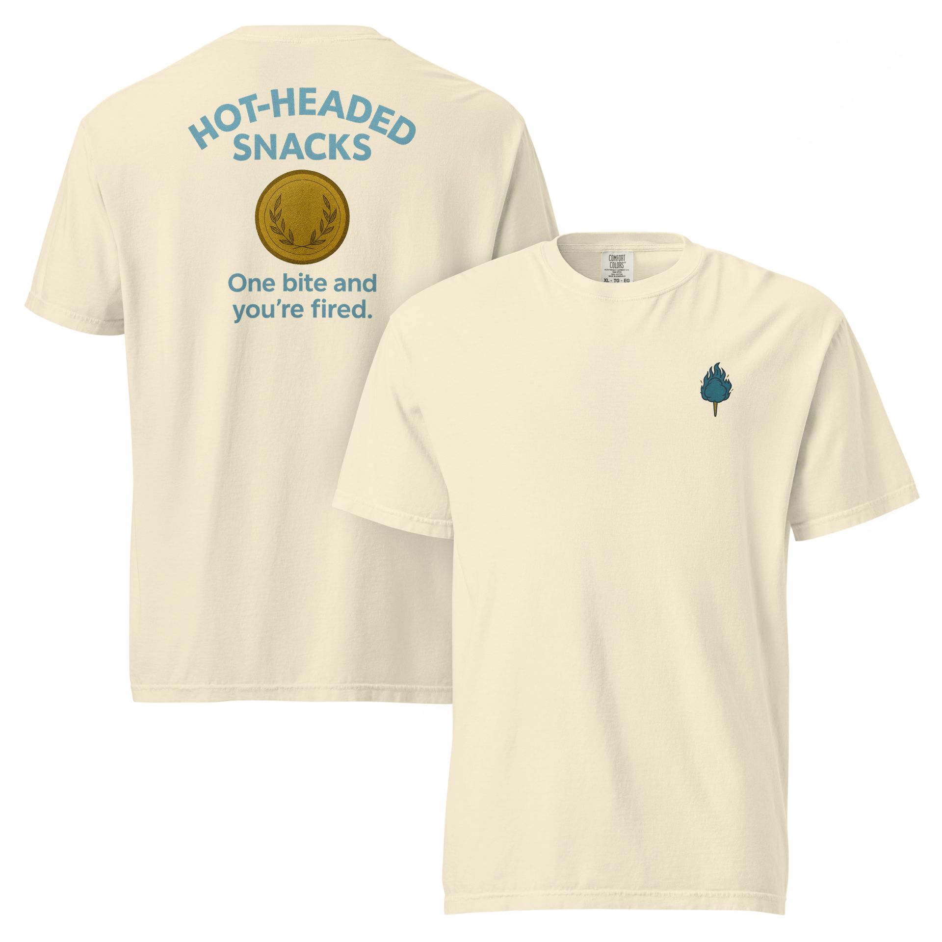 Hot-Headed Snacks tee with blue flame embroidery and Greek coin graphic