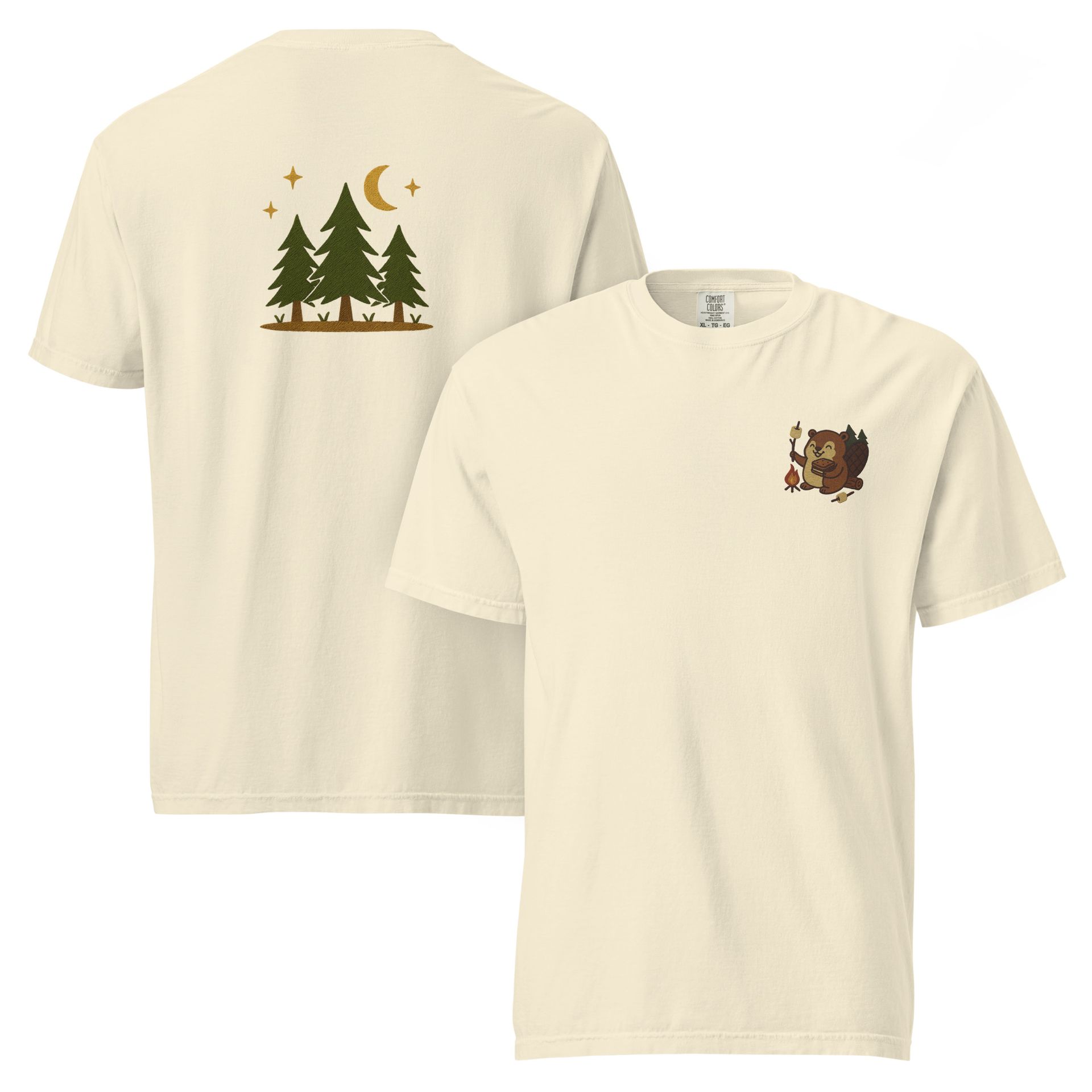 Beaver campfire embroidered t-shirt, ivory tee, pine tree and moon forest design, cozy outdoors camping adventure style
