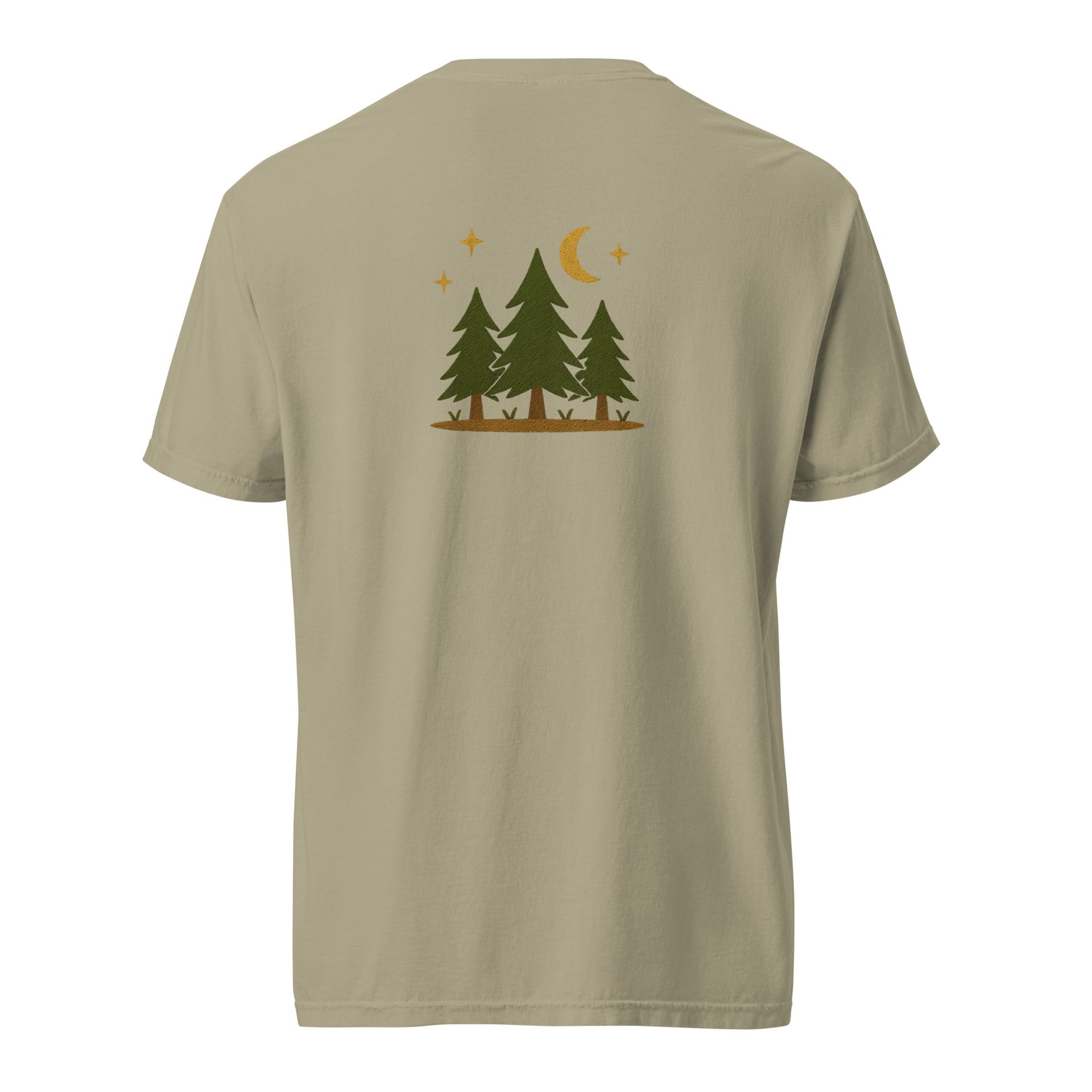 Beaver campfire embroidered t-shirt, ivory tee, pine tree and moon forest design, cozy outdoors camping adventure style