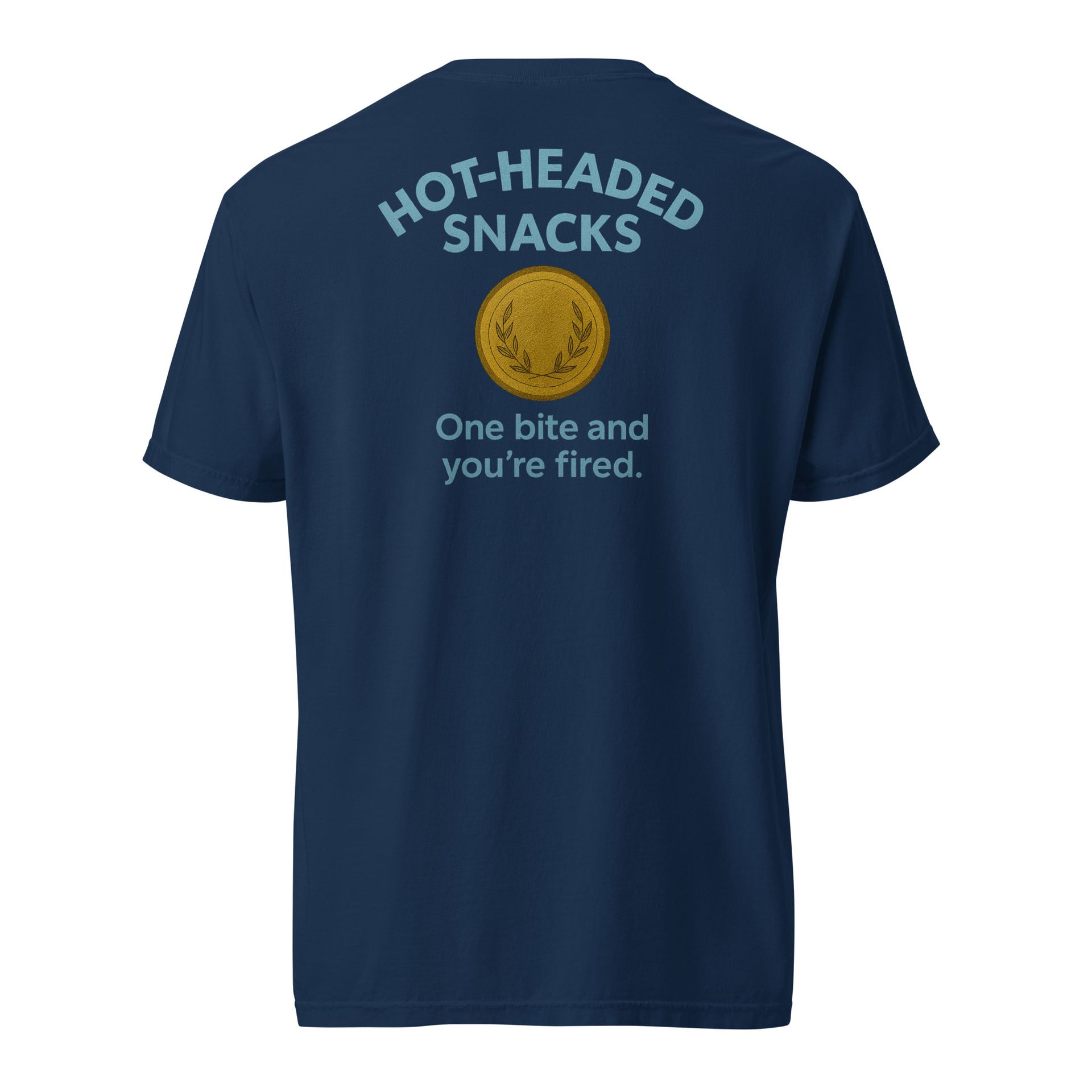 Blue flame embroidered tee with snack graphic