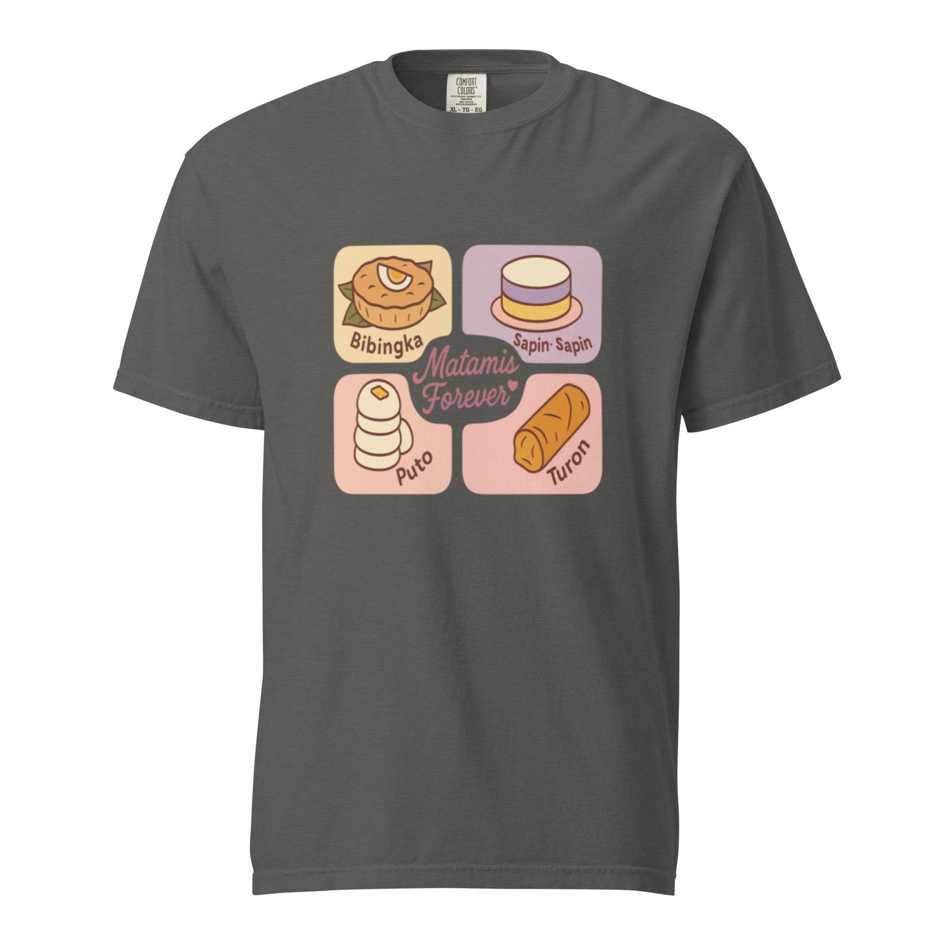 Filipino dessert tee with Bibingka, Puto, and Turon design, pastel kakanin shirt for merienda lovers and food merch fans