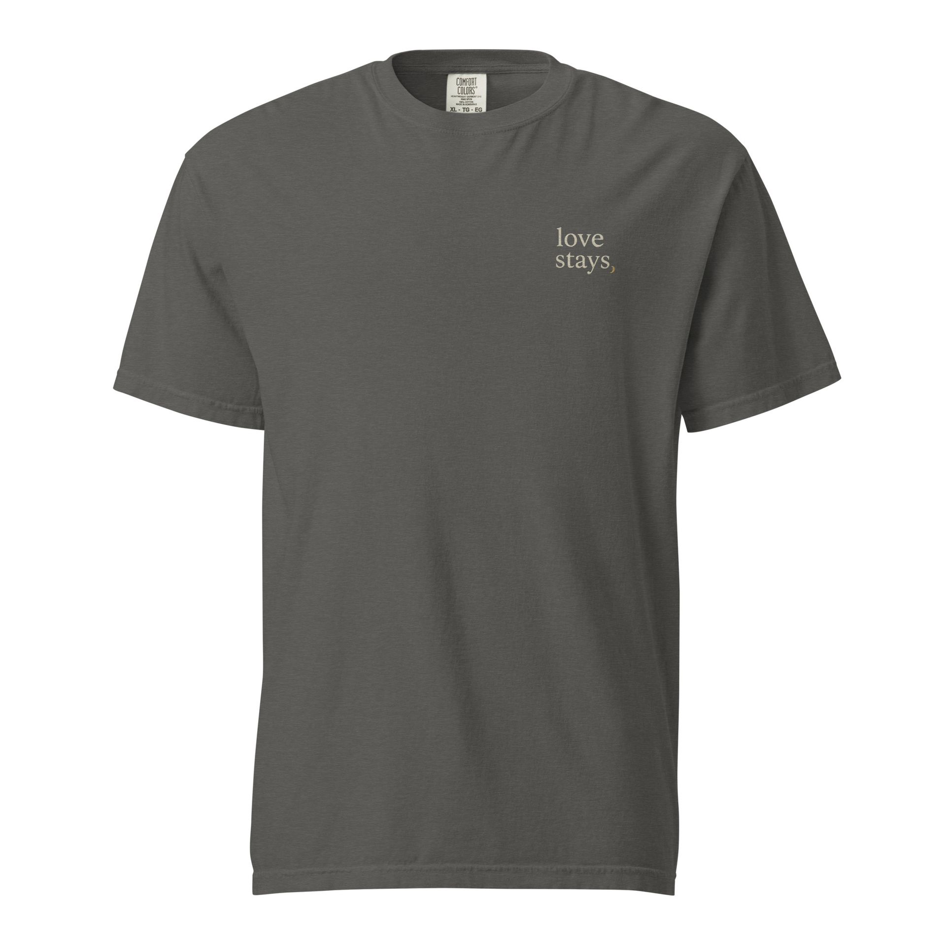 Love stays embroidered t-shirt, memorial grief shirt, timeless message design from Notes for the Soul, everyday comfort