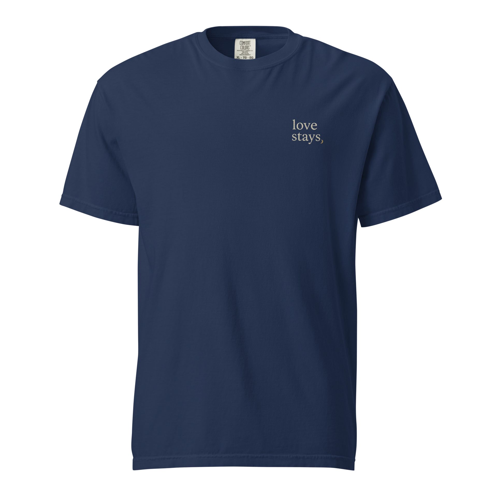 Love stays embroidered t-shirt, memorial grief shirt, timeless message design from Notes for the Soul, everyday comfort