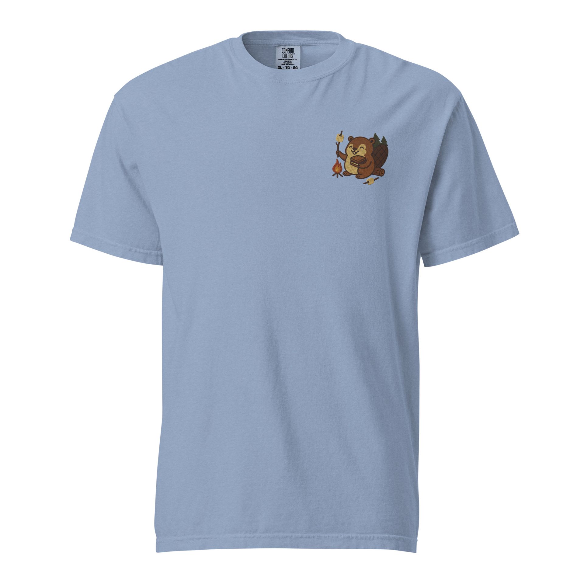 Beaver campfire embroidered t-shirt, ivory tee, pine tree and moon forest design, cozy outdoors camping adventure style