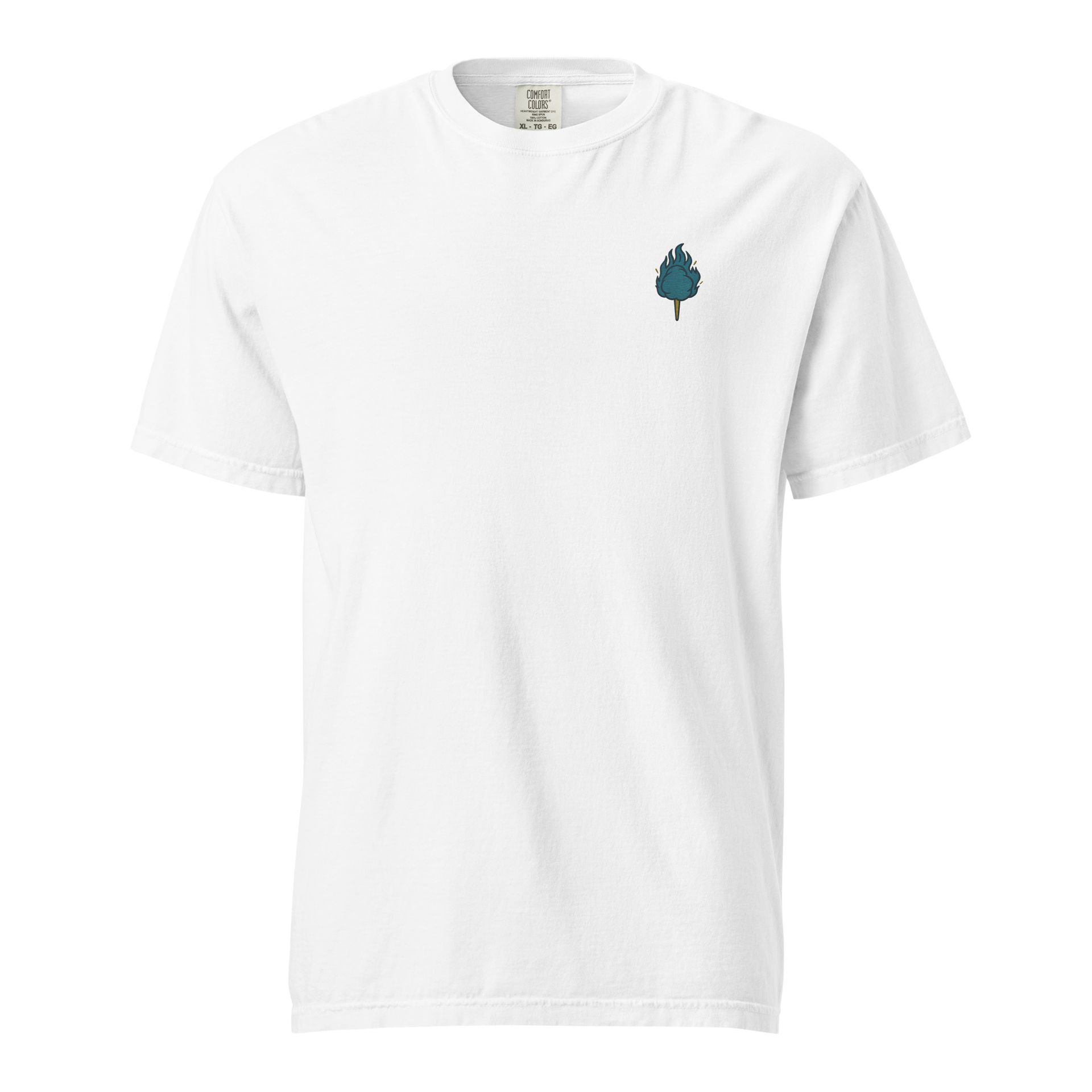 Hot-Headed Snacks tee with blue flame embroidery and Greek coin graphic