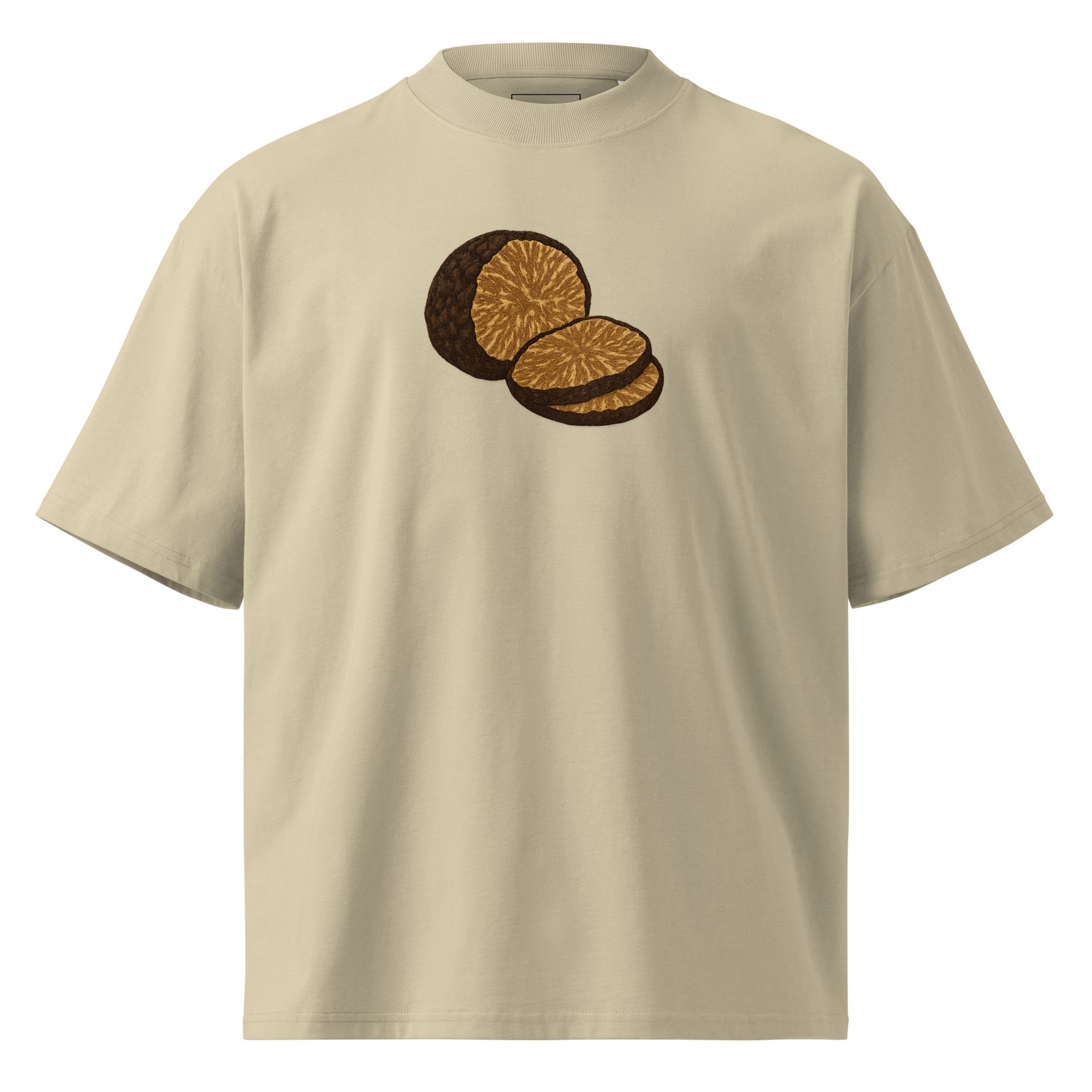 Luxury foodie truffle tee, earthy but expensive, quiet style, oversized organic cotton unisex fashion piece, aesthetic