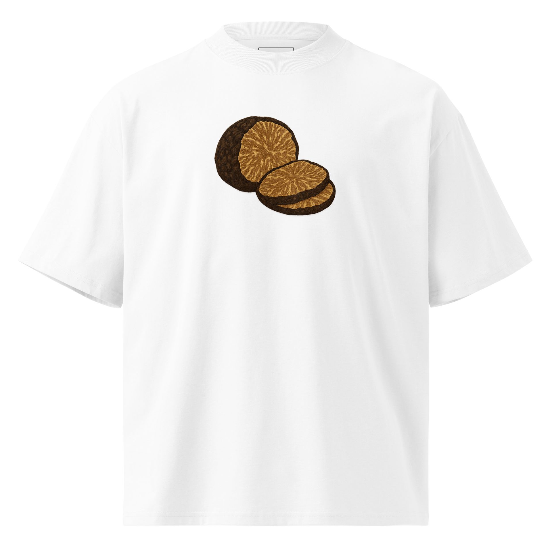 Luxury foodie truffle tee, earthy but expensive, quiet style, oversized organic cotton unisex fashion piece, aesthetic