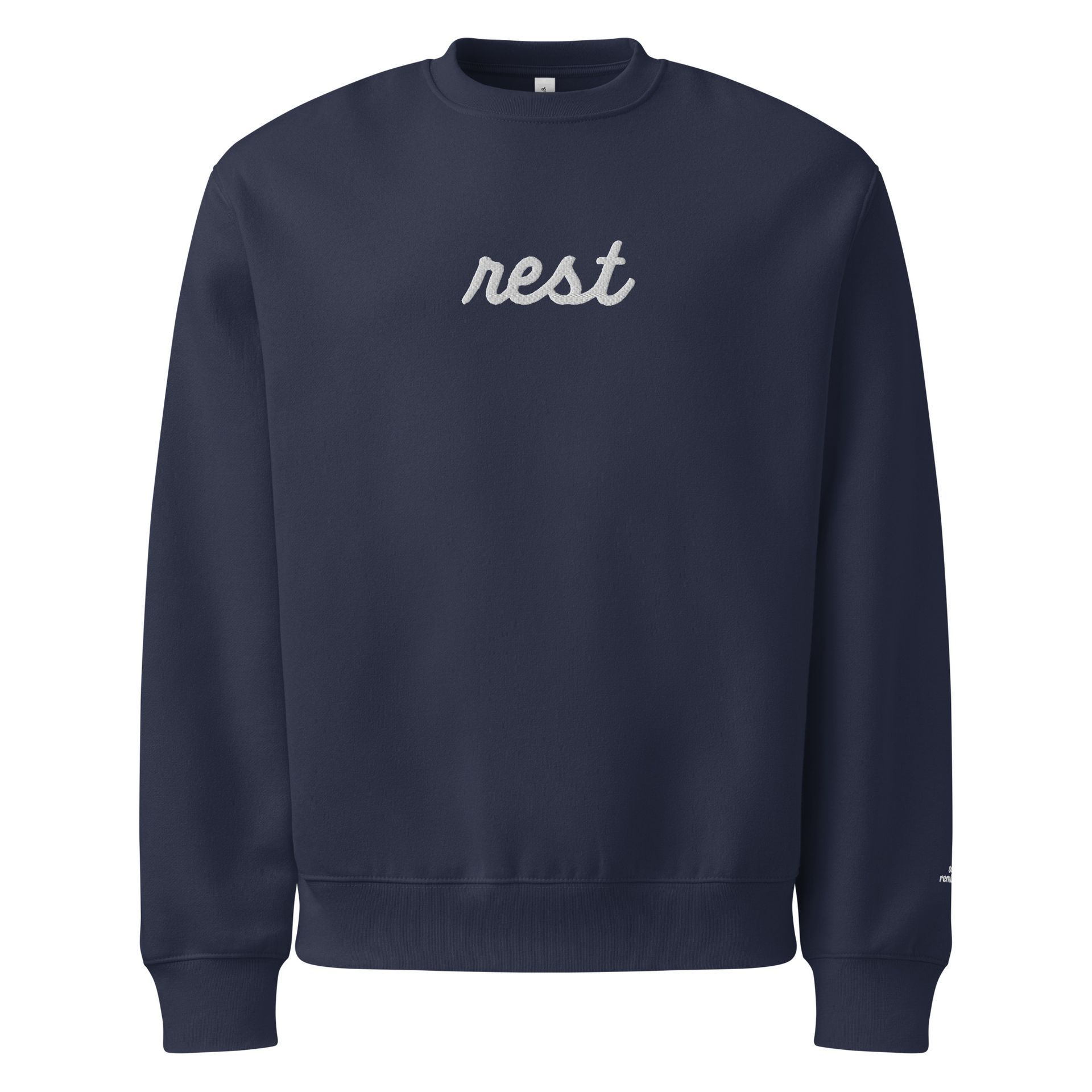 rest embroidered crewneck, minimal cozy sweatshirt, quiet luxury neutral, soft reminders design, trending cozy fit edit