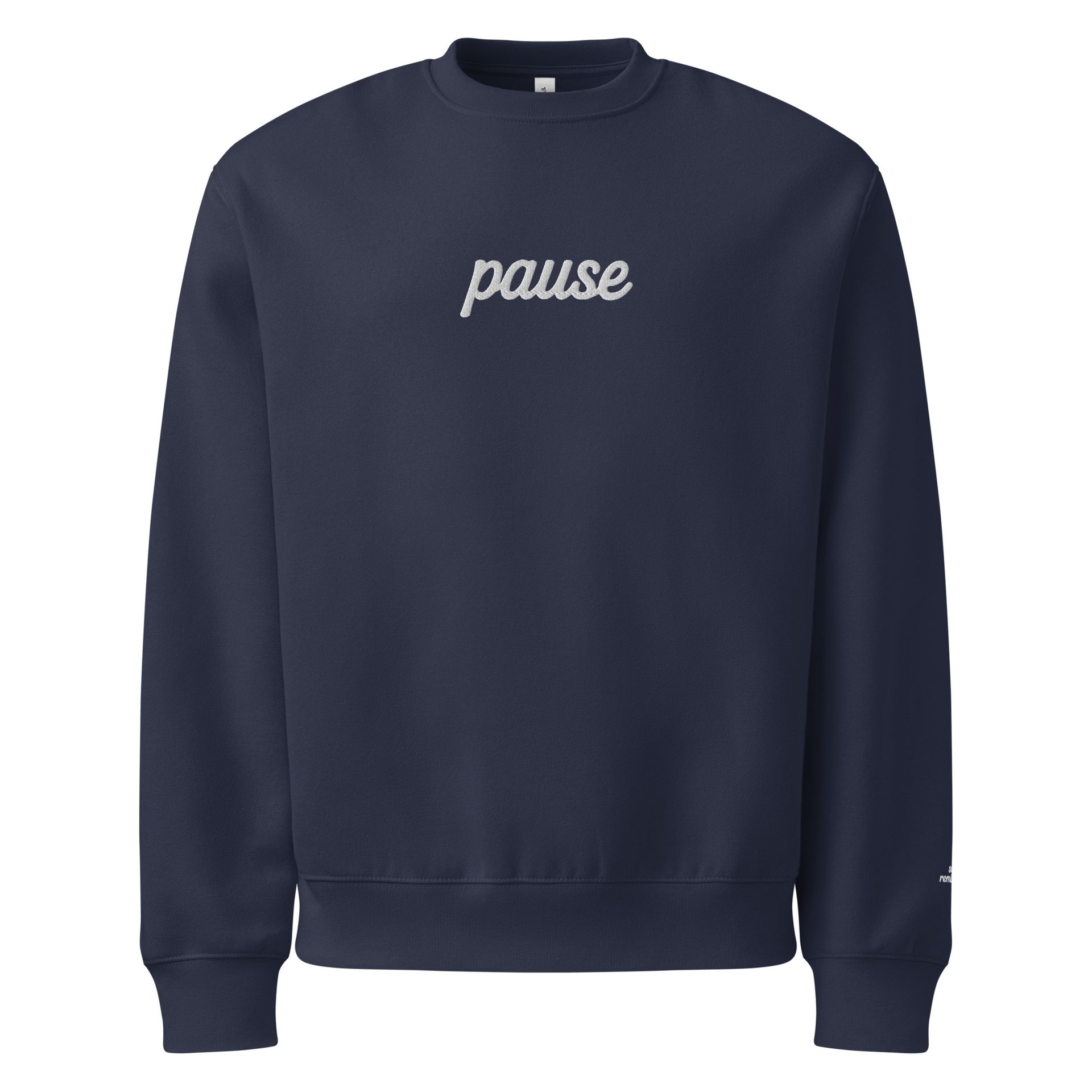 pause sweatshirt, embroidered crewneck, soft reminders sweater, mindfulness apparel, quiet luxury clothing, cozy neutral top