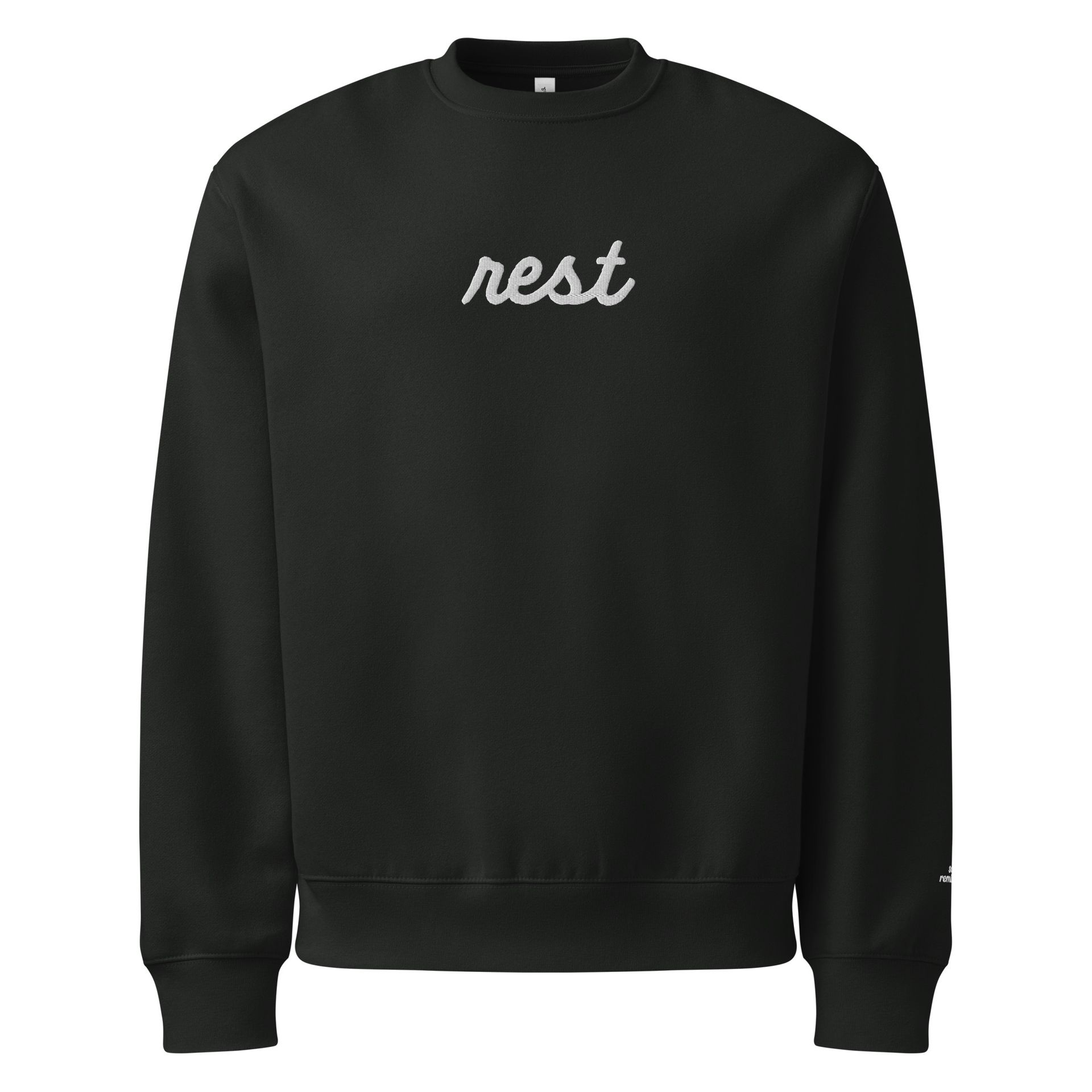 rest embroidered crewneck, minimal cozy sweatshirt, quiet luxury neutral, soft reminders design, trending cozy fit edit