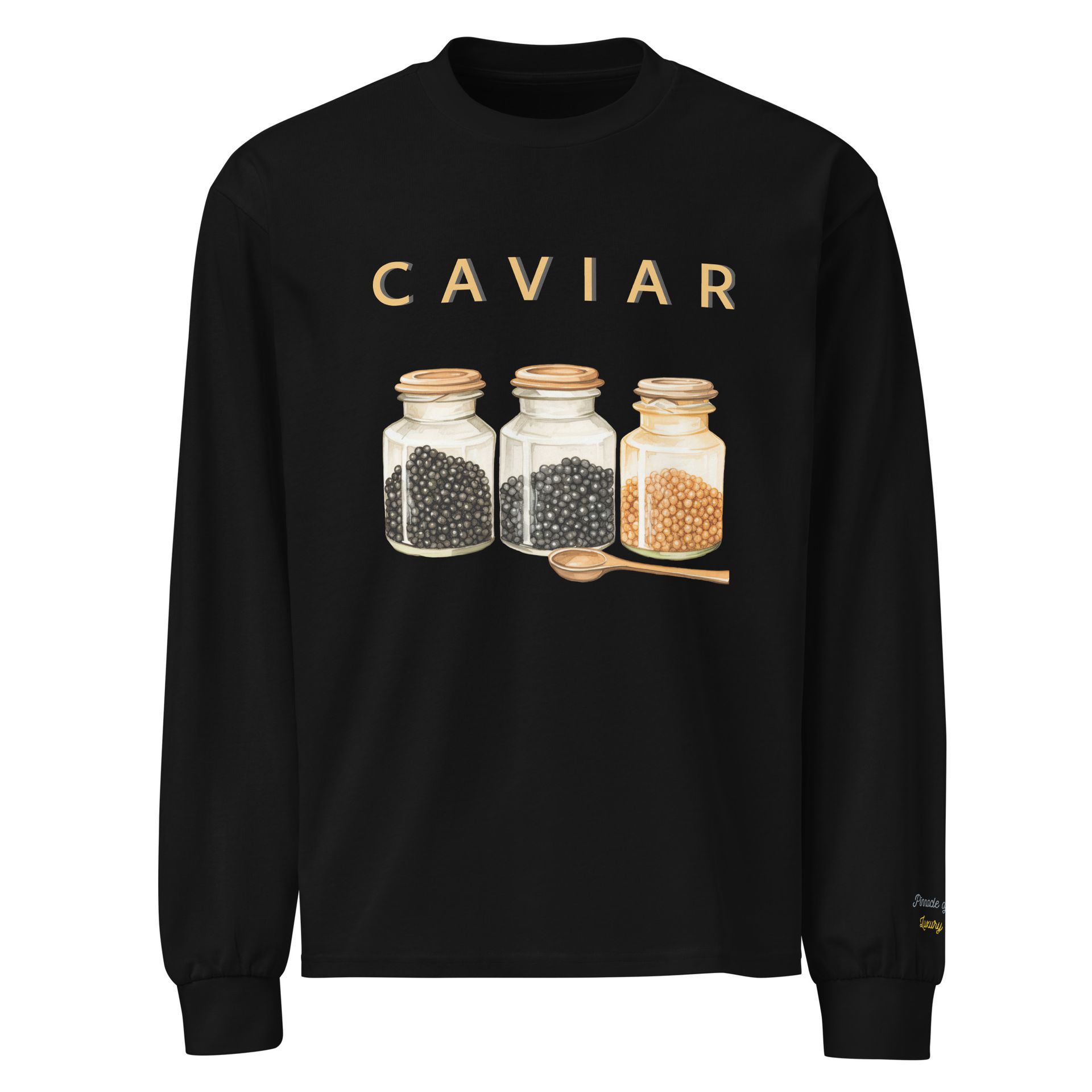 Caviar embroidered long sleeve – luxury foodie shirt for playful minimalists, statement streetwear meets gourmet elegance