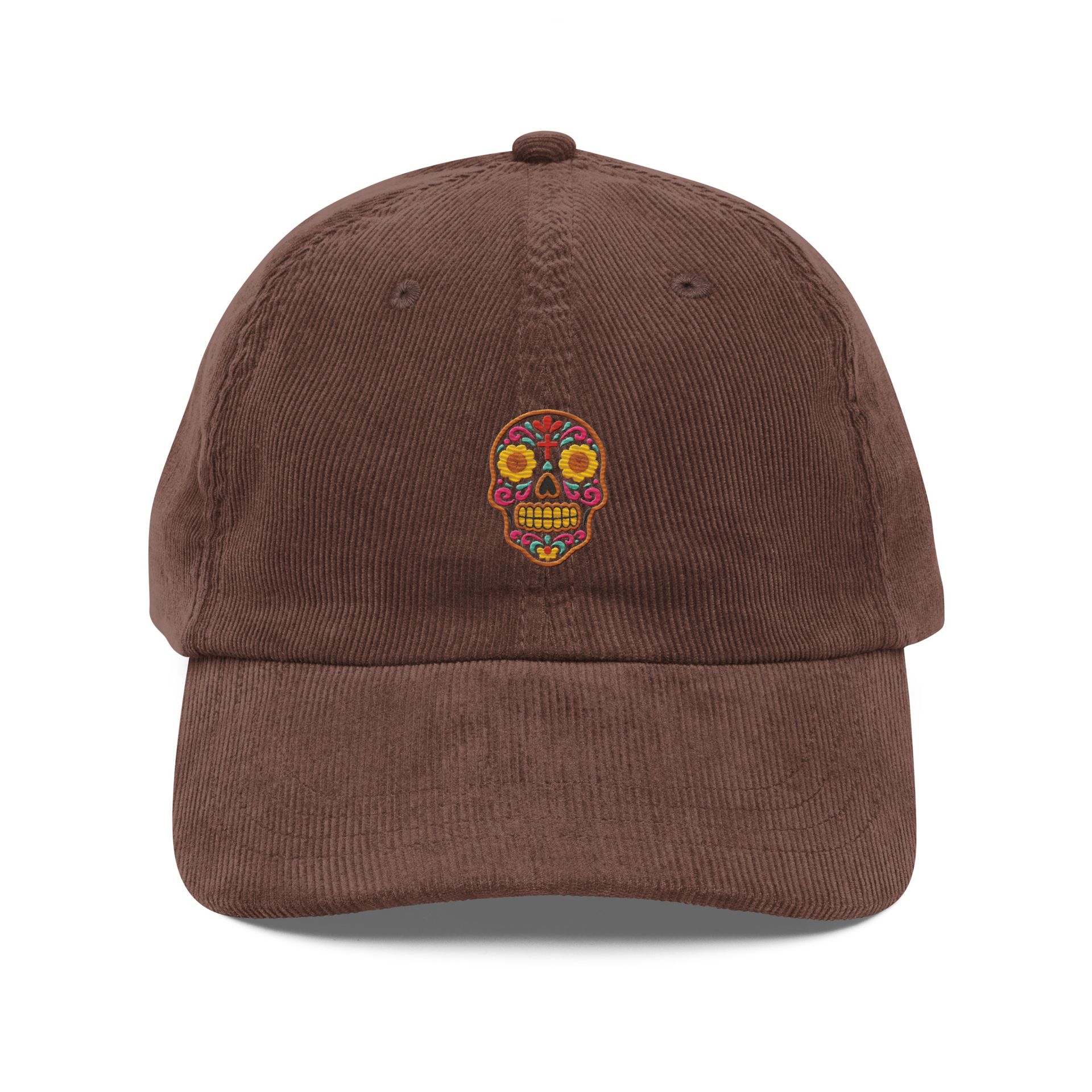 embroidered sugar skull cap, brown corduroy hat, cultural inspired design, bold colors, modern aesthetic, everyday wear