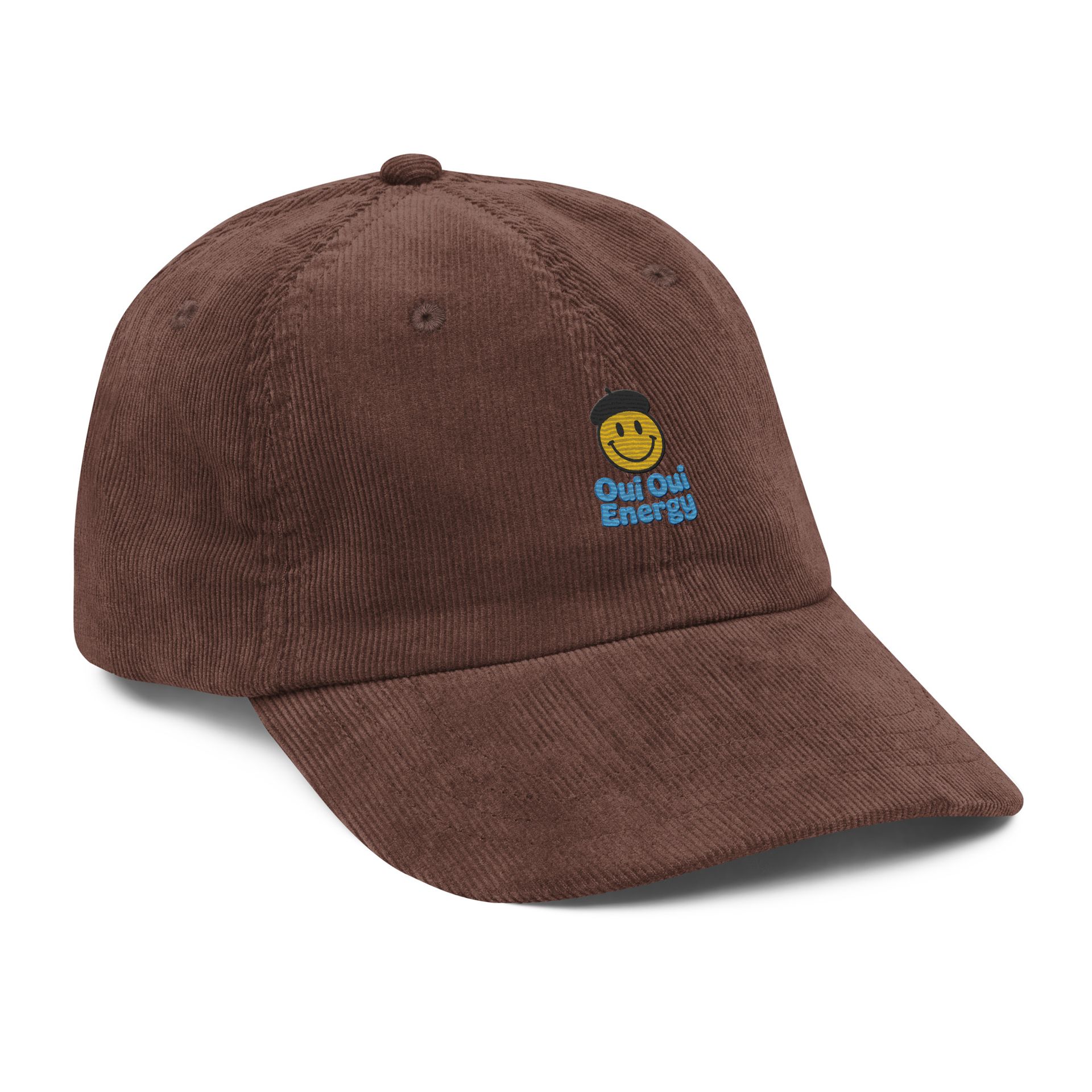 qui qui energy hat, vintage corduroy cap, embroidered smiley dad hat, retro foodie cap, playful pride cap, streetwear