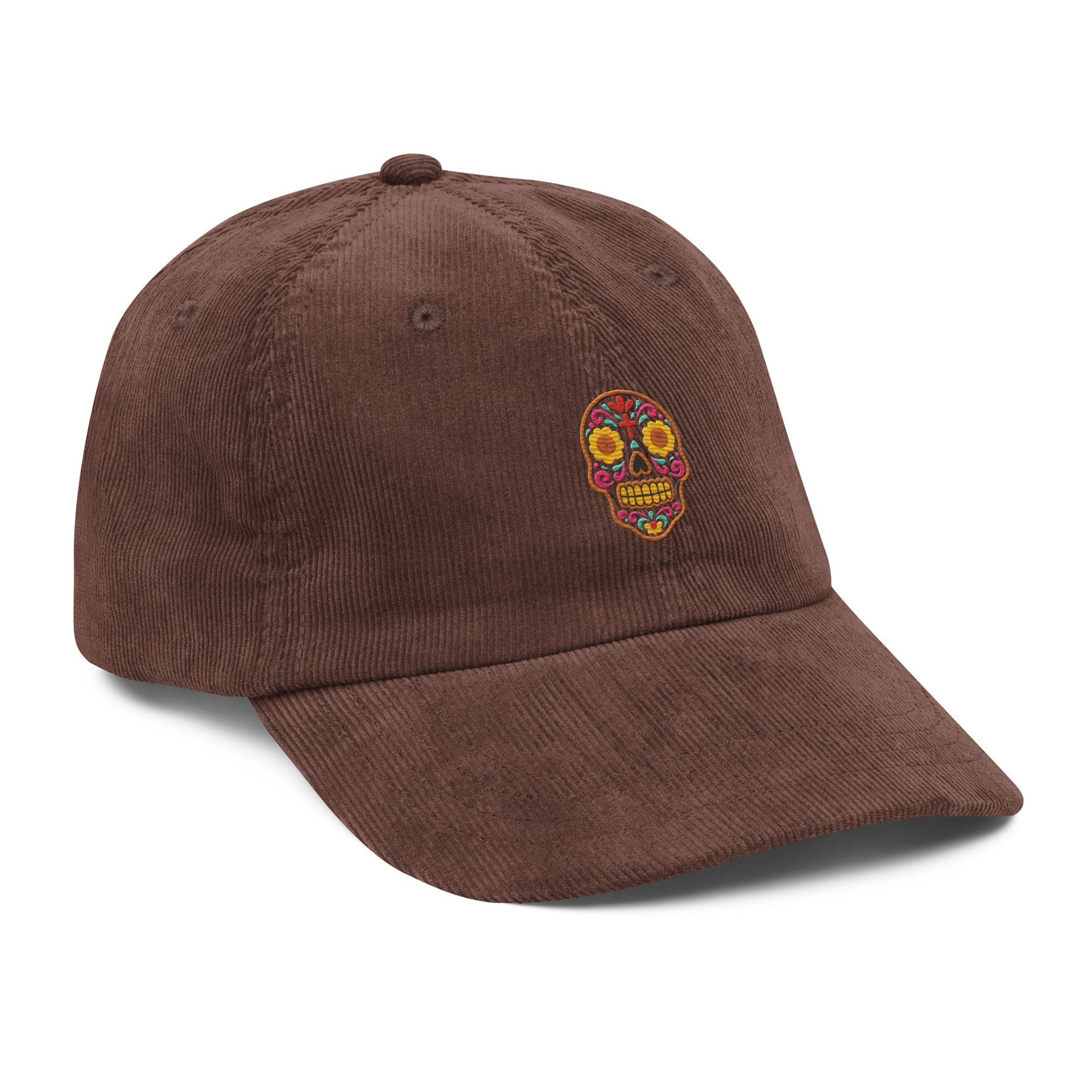 embroidered sugar skull cap, brown corduroy hat, cultural inspired design, bold colors, modern aesthetic, everyday wear