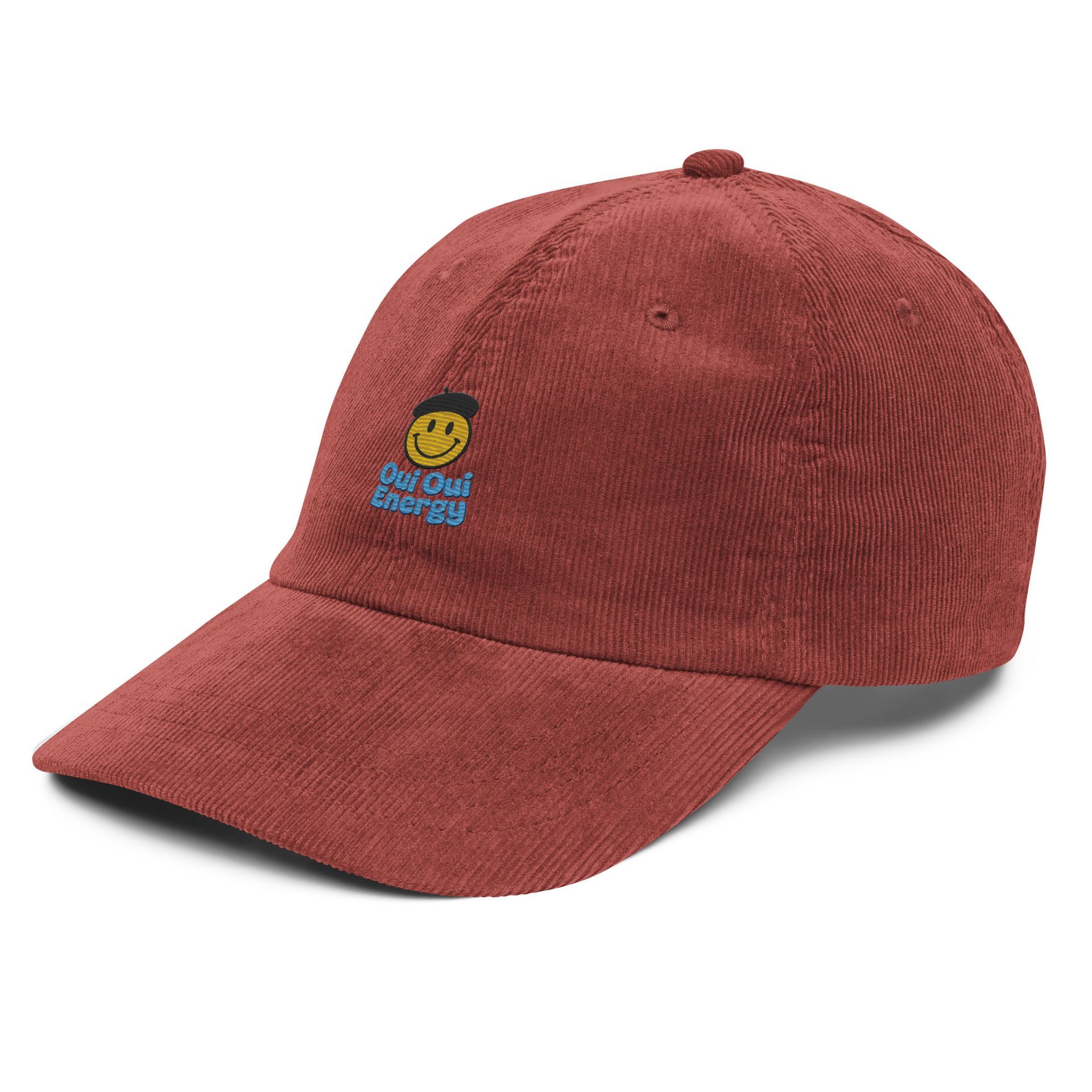 qui qui energy hat, vintage corduroy cap, embroidered smiley dad hat, retro foodie cap, playful pride cap, streetwear