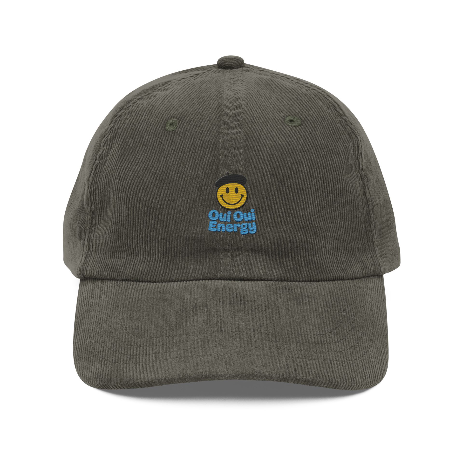 qui qui energy hat, vintage corduroy cap, embroidered smiley dad hat, retro foodie cap, playful pride cap, streetwear