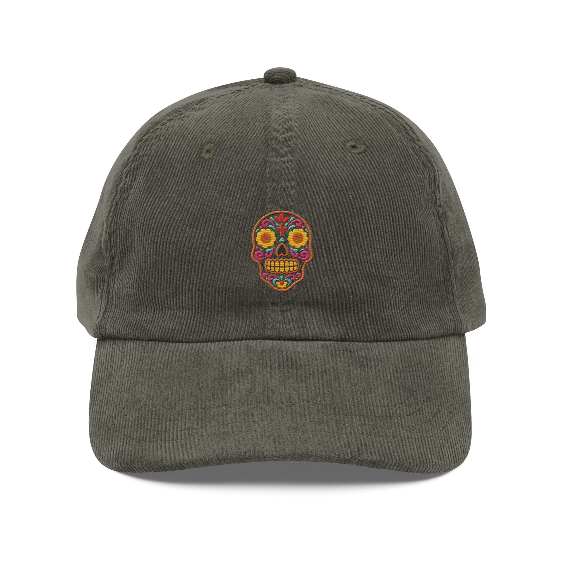 embroidered sugar skull cap, brown corduroy hat, cultural inspired design, bold colors, modern aesthetic, everyday wear