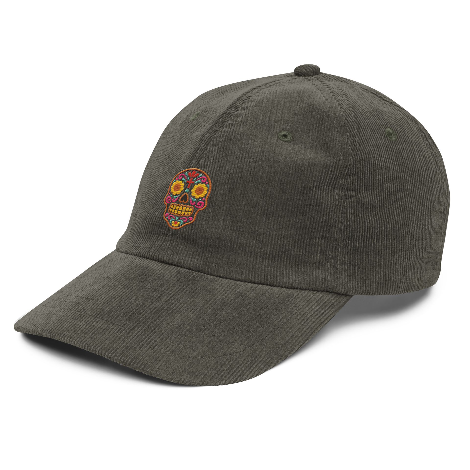 embroidered sugar skull cap, brown corduroy hat, cultural inspired design, bold colors, modern aesthetic, everyday wear