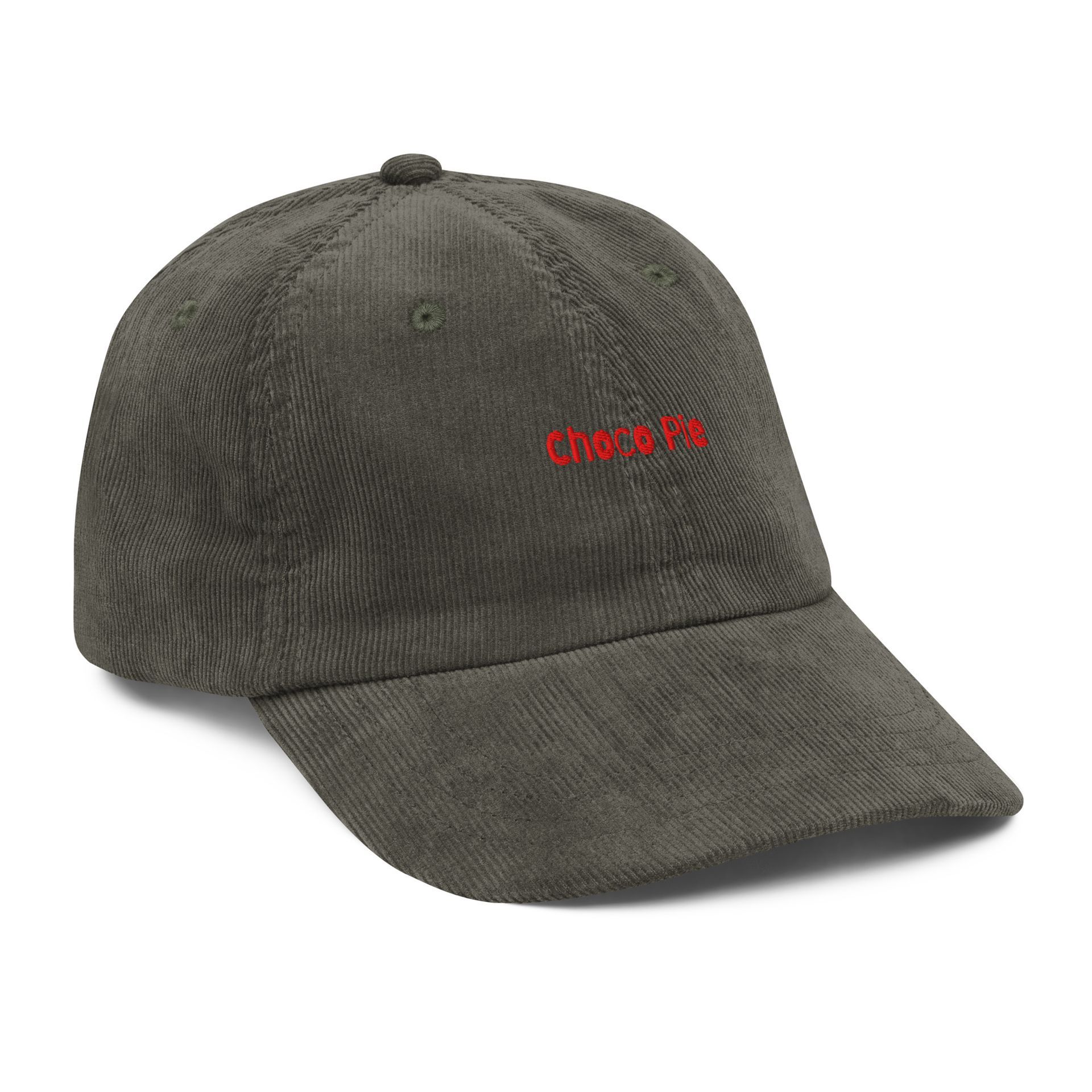 Olive green corduroy cap with red embroidered text reading “Choco Pie”