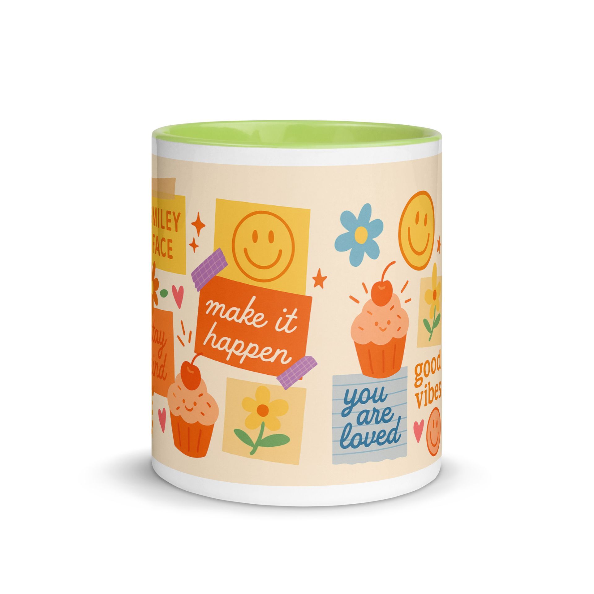 moodboard magic ceramic mug, colorful 11oz coffee cup, retro smiley design, creative desk accessory, inspirational gift