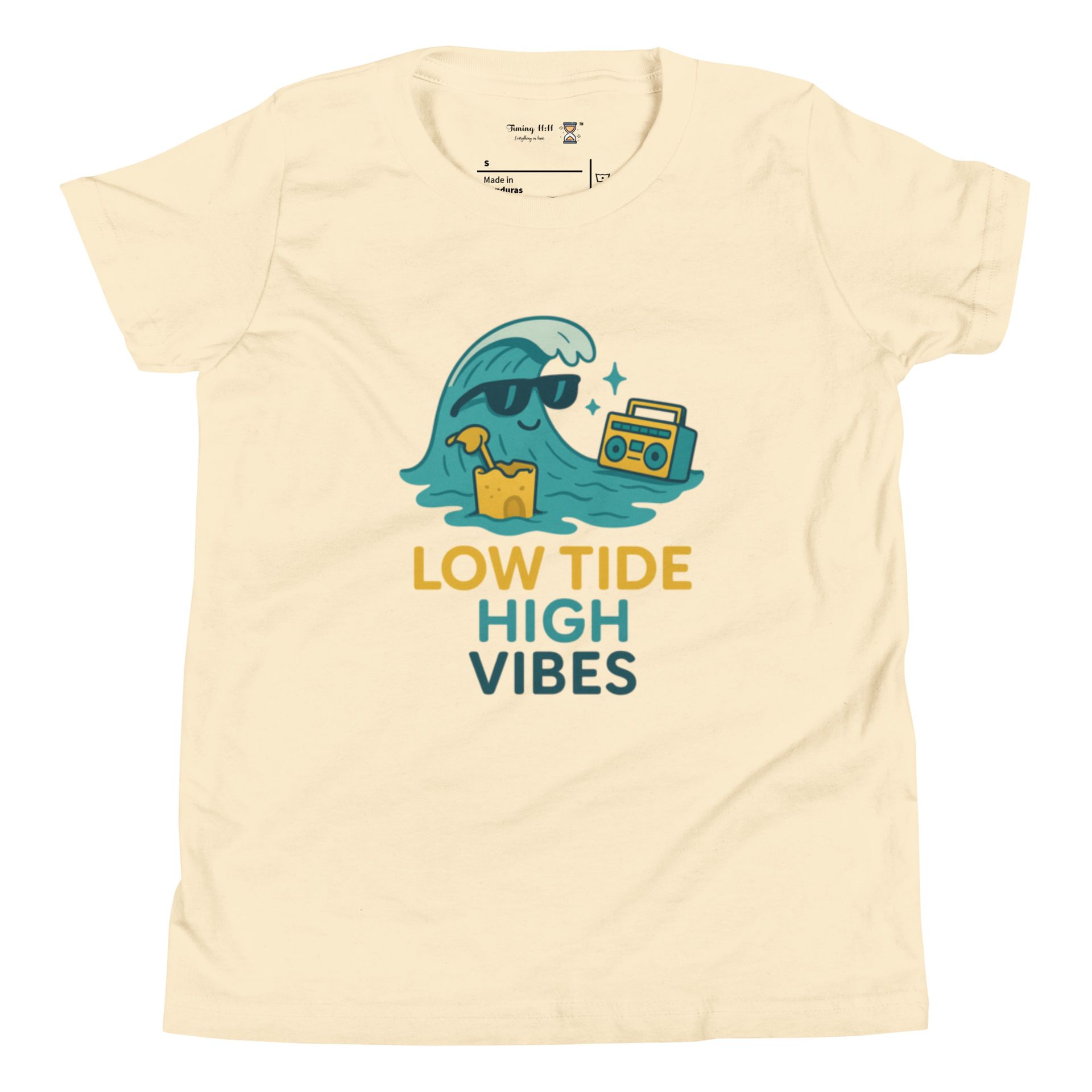 Low Tide High Vibes youth tee with cool wave character, beach sunglasses and boombox graphic, fun kids summer t-shirt
