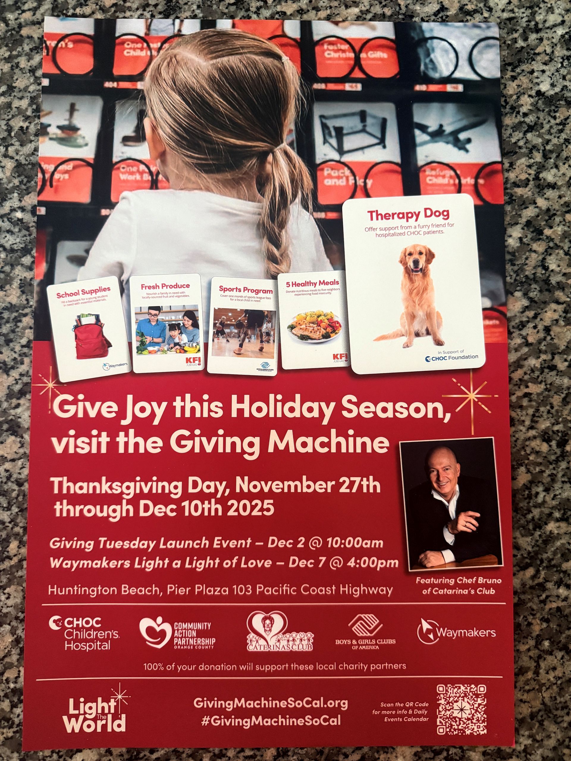Giving Machine flyer with a girl, books, and donation details for Huntington Beach, CA.