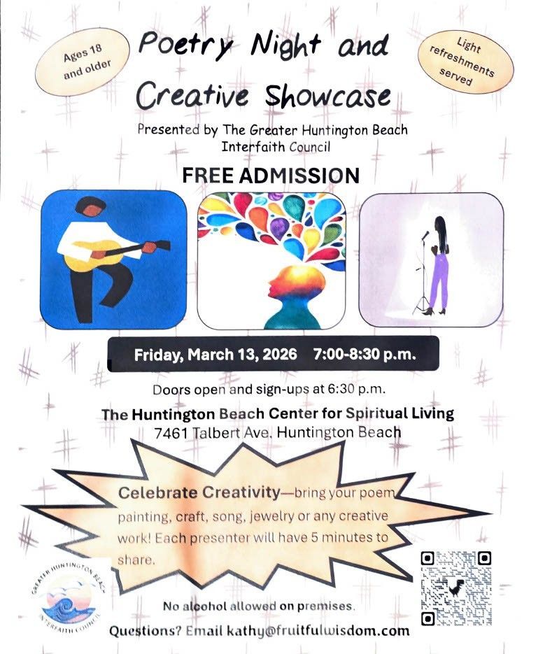 Poster for Poetry Night and Creative Showcase at Huntington Beach, CA. Includes date, time, and address.