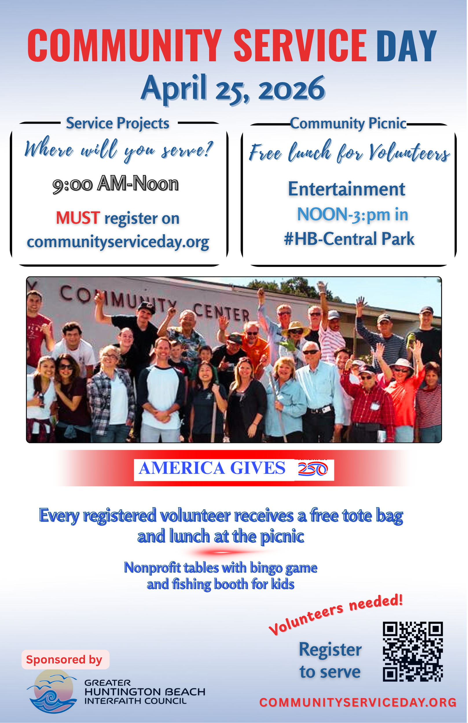 Community Service Day poster: April 25, 2026. Service projects & community picnic with free lunch and entertainment in HB Central Park.