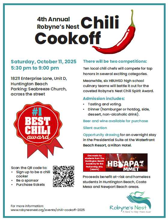 Chili Cookoff Flyer for Robyne's Nest 4th Annual Chili Cookoff in Huntington Beach. Features chili pepper art & details.