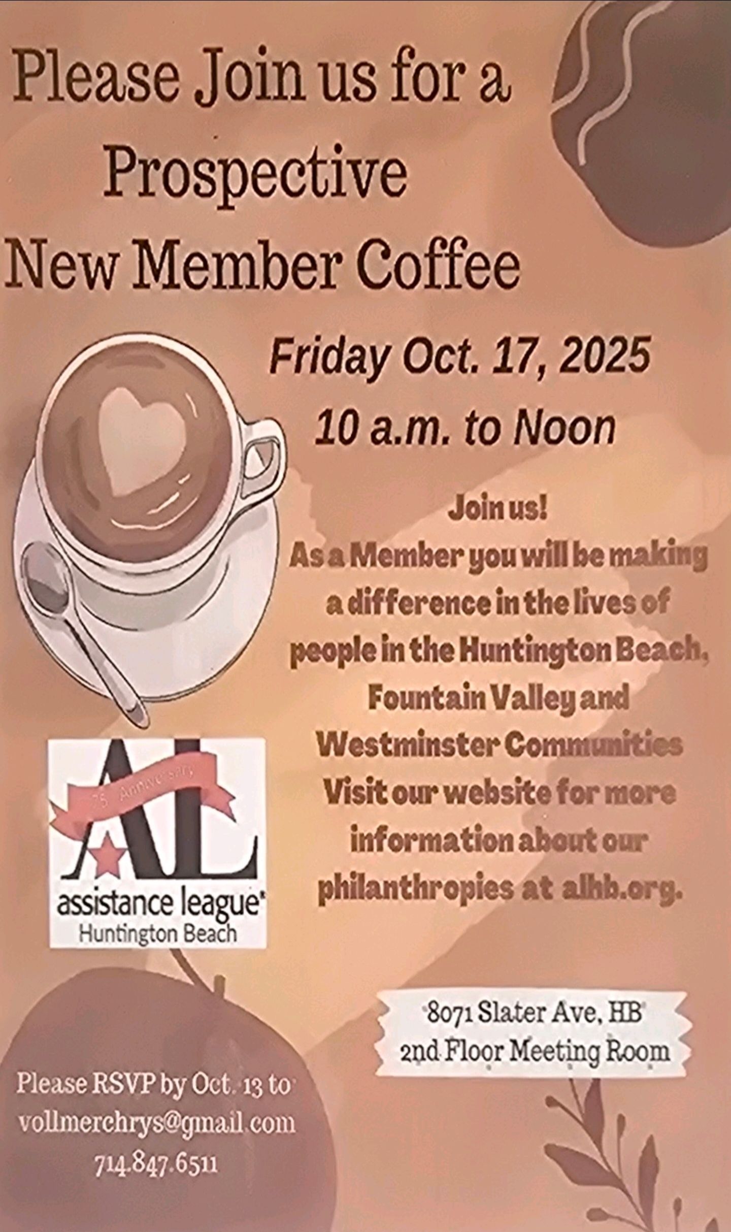 Assistance League of Huntington Beach new member event Flyer for prospective new members of Assistance League, coffee on Oct. 17, 2025 in Huntington Beach.