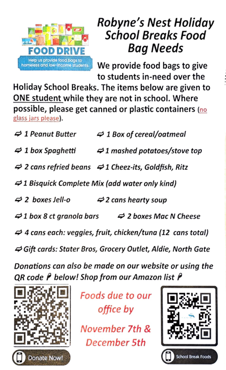 Robyne's Nest Food Bag Needs Flyer for Robyne's Nest Food Drive to provide food bags to students during school breaks. Includes a list of needed items and donation information.