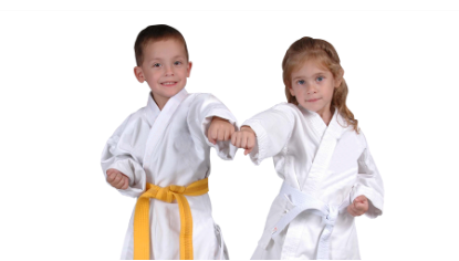 A boy and a girl are wearing karate uniforms with yellow belts
